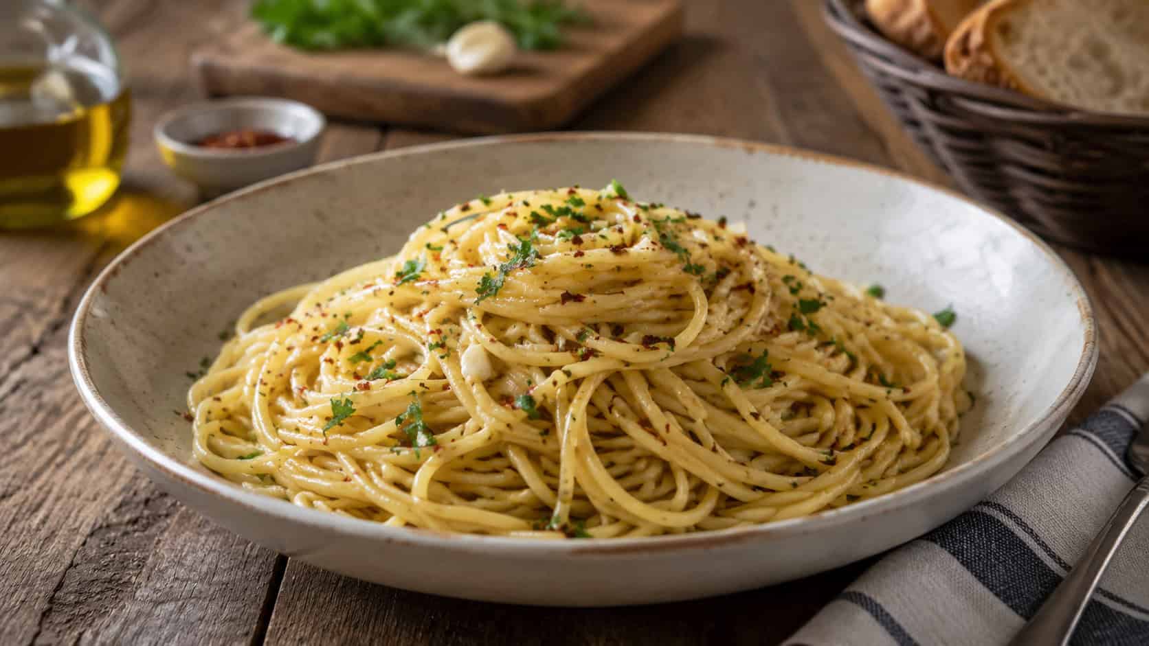 a twirl of glistening garlic olive oil spaghetti topped with parsley and chili flakes in a wide shallow bowl, in a wide horizontal shot, on a rustic Italian table, natural light, shallow depth of field, landscape orientation