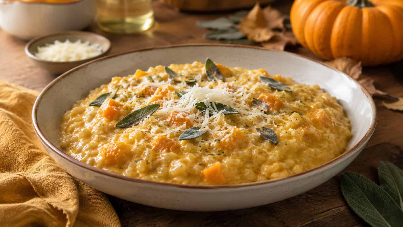 a creamy golden butternut squash risotto in a wide shallow bowl topped with parmesan and sage, in a wide horizontal shot, on a warm autumn table, natural light, shallow depth of field, landscape orientation