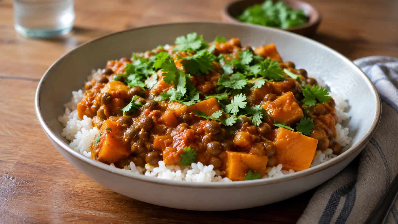 a hearty lentil and sweet potato curry in a wide bowl over rice with a cilantro garnish, in a wide horizontal shot, on a warm wooden table, natural light, shallow depth of field, landscape orientation