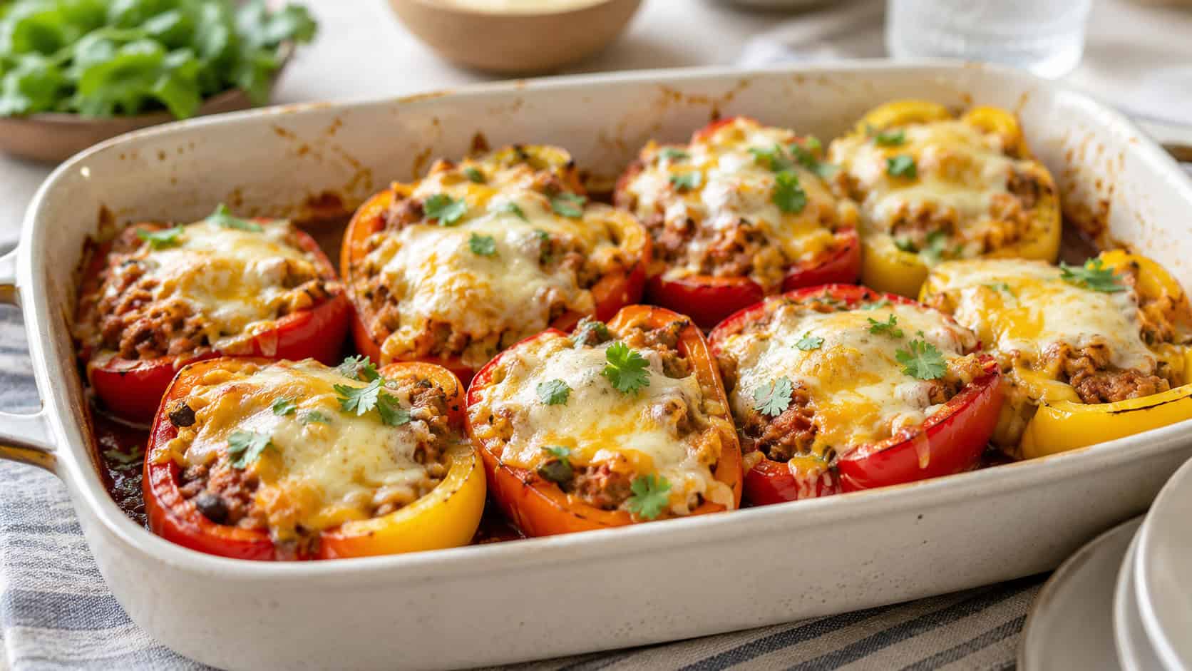 colorful stuffed bell pepper halves topped with melted cheese in a wide baking dish garnished with cilantro, in a wide horizontal shot, on a bright kitchen table, natural light, shallow depth of field, landscape orientation