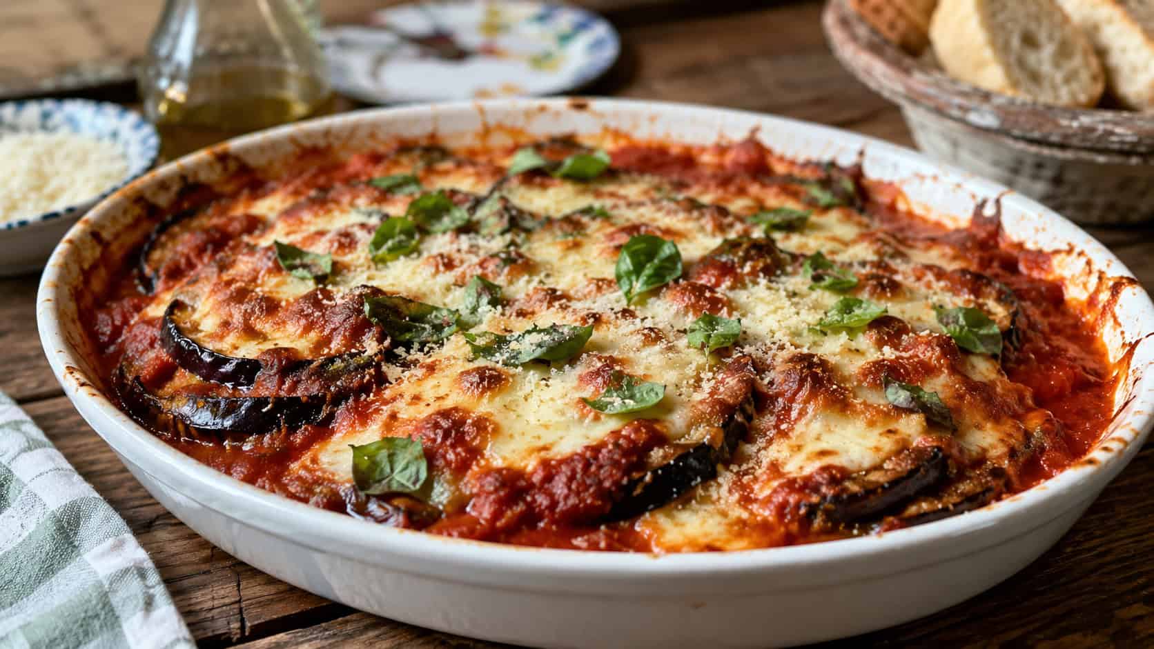a wide dish of baked eggplant parmesan with bubbling melted cheese and marinara garnished with basil, in a wide horizontal shot, on a rustic Italian table, natural light, shallow depth of field, landscape orientation