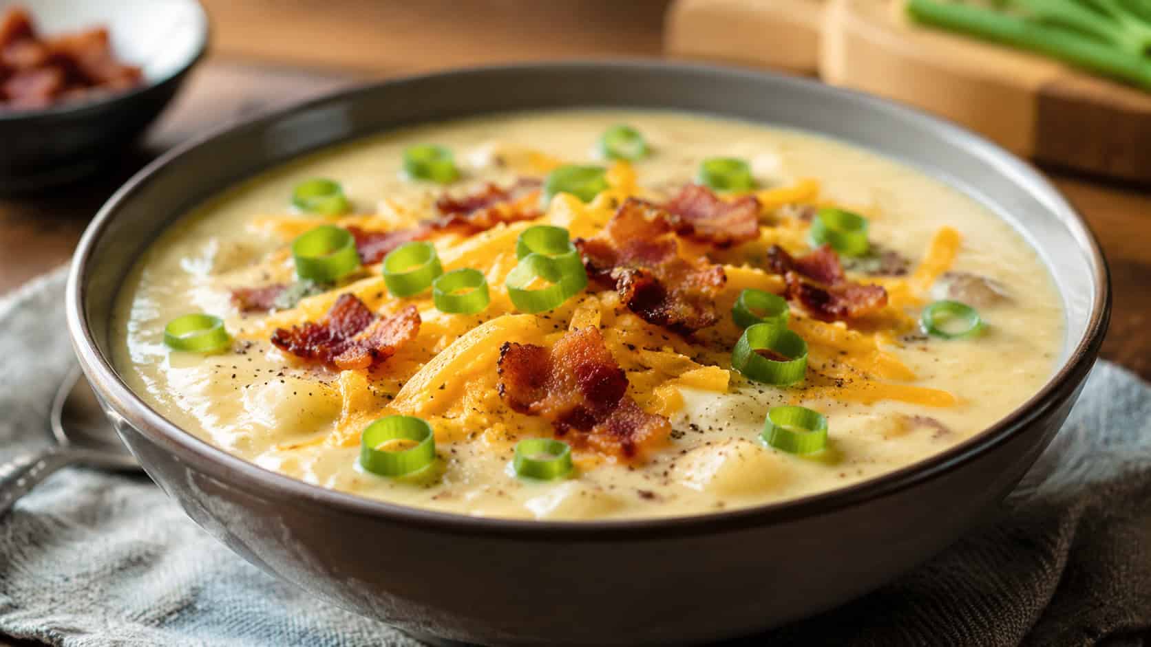 a thick loaded baked potato soup in a wide bowl topped with cheddar, crispy bacon, and green onions, in a wide horizontal shot, on a cozy table, natural light, shallow depth of field, landscape orientation