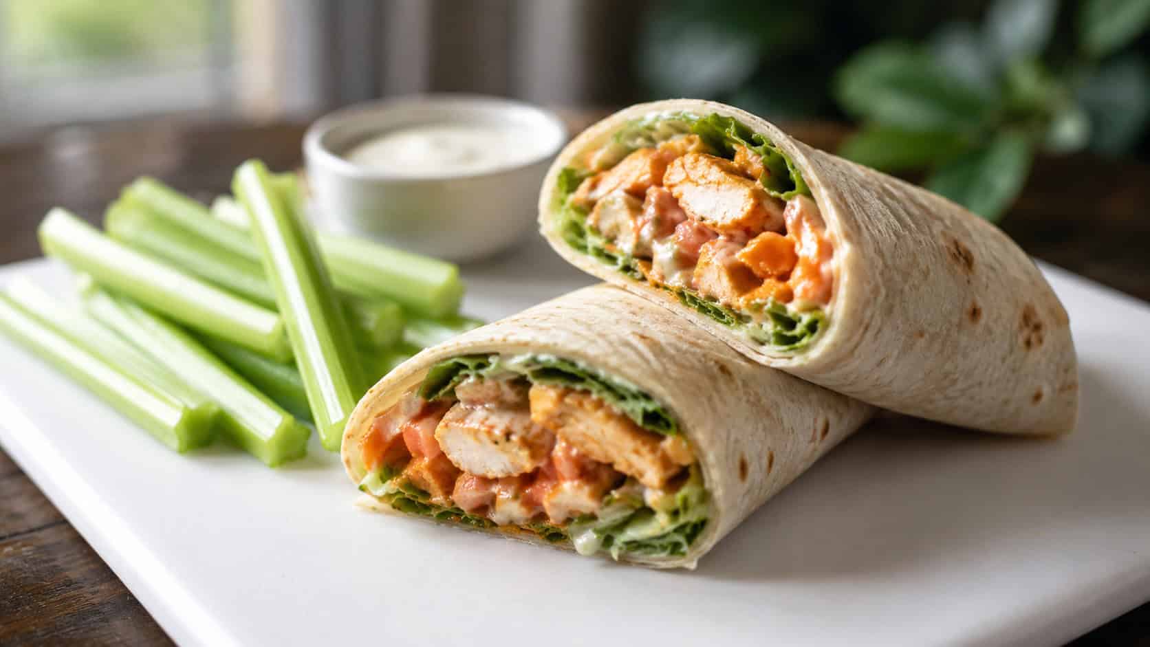two buffalo chicken wraps sliced on the diagonal, in a wide horizontal shot, plated on a white board with celery sticks and a small bowl of ranch, natural window light, shallow depth of field, landscape orientation