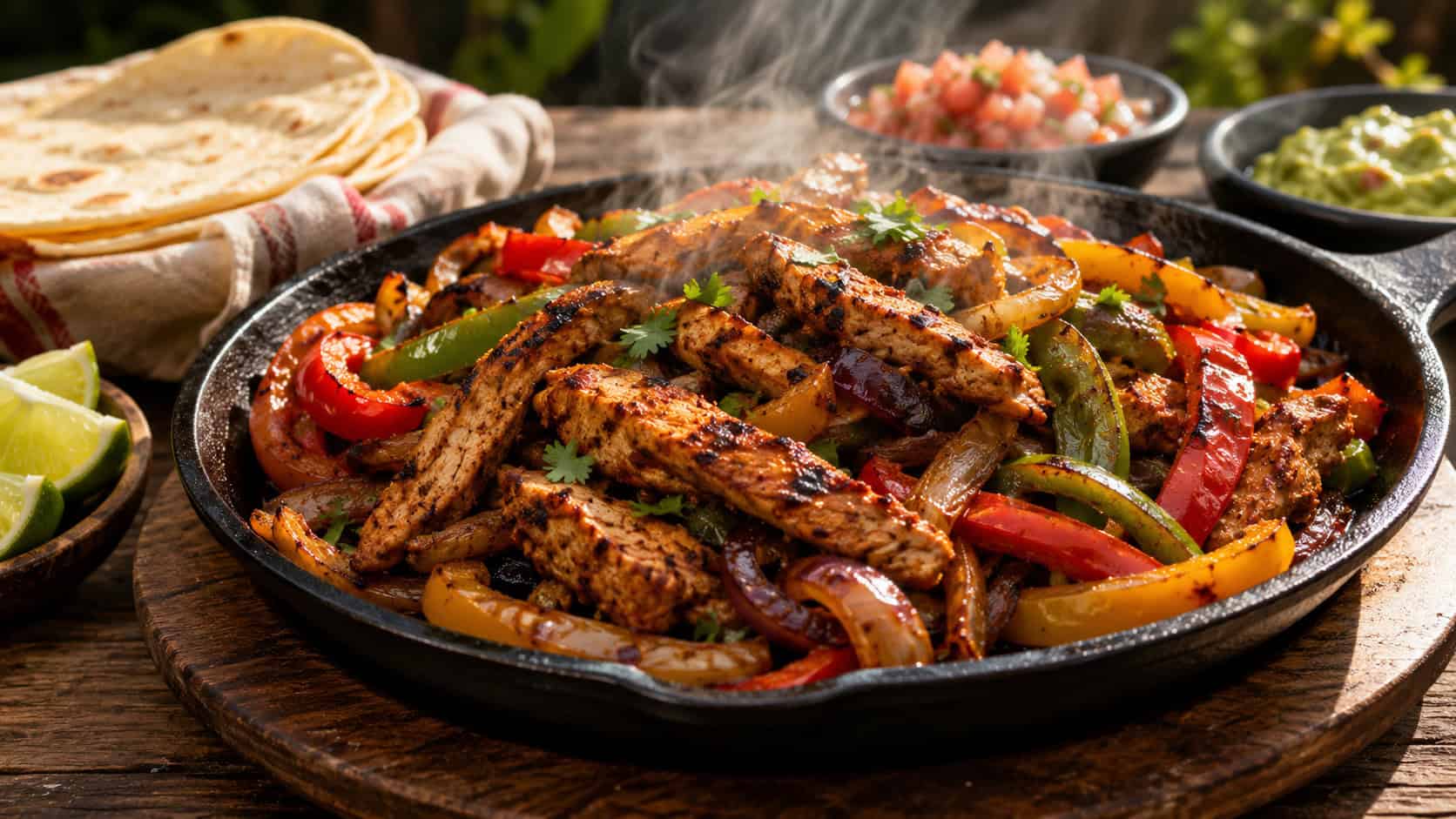 chicken fajitas with charred peppers and onions on a cast iron skillet, in a wide horizontal shot, warm tortillas and lime wedges alongside, steam rising, natural light, shallow depth of field, landscape orientation