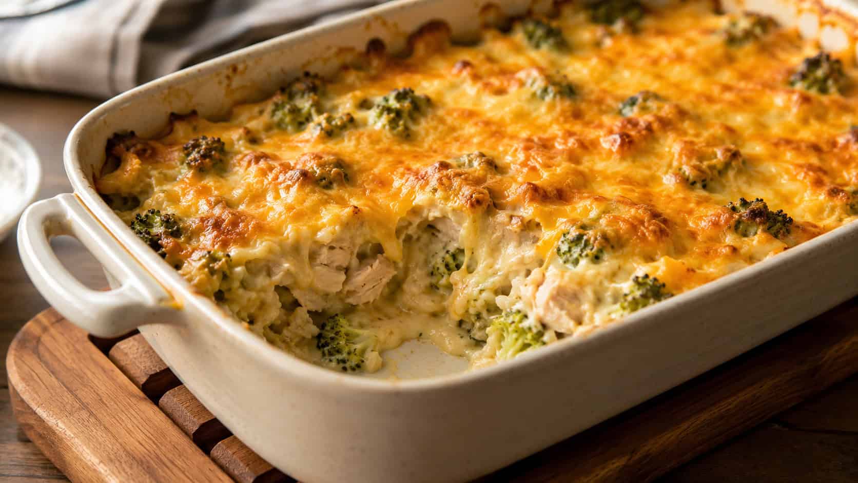 cheesy chicken and broccoli casserole in a baking dish with a scoop removed, in a wide horizontal shot, golden cheese on top, on a wooden trivet, warm natural light, shallow depth of field, landscape orientation