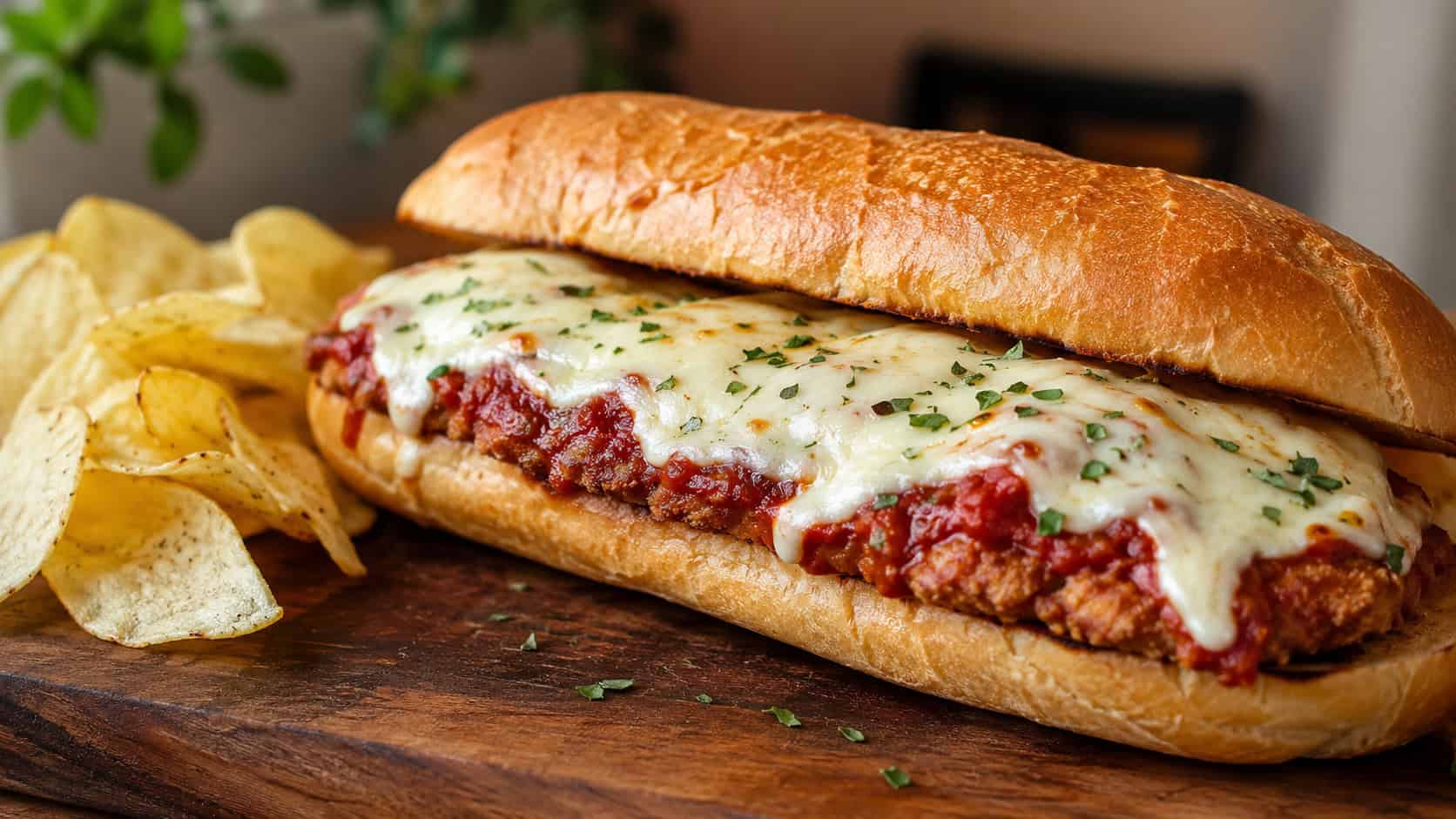 a chicken parmesan sandwich with melted cheese on a toasted roll, in a wide horizontal shot, marinara peeking out, on a wooden board with a side of chips, warm natural light, shallow depth of field, landscape orientation