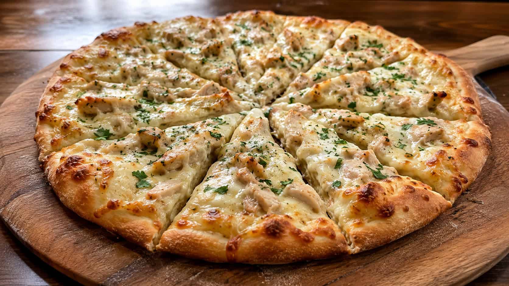 a whole chicken alfredo pizza sliced into wedges, in a wide horizontal shot, on a wooden pizza peel with melted cheese and fresh parsley, warm natural light, shallow depth of field, landscape orientation