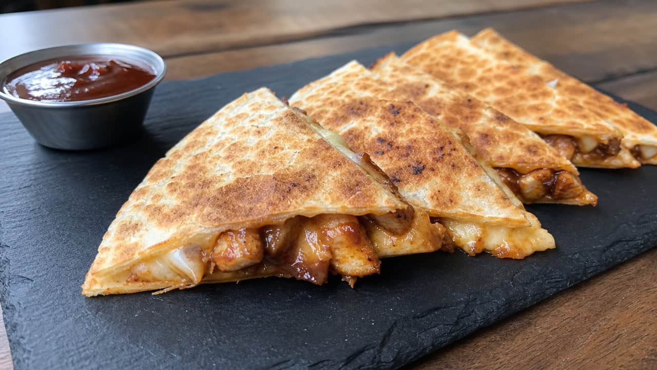 golden BBQ chicken quesadilla wedges fanned out, in a wide horizontal shot, on a slate board with a small dish of barbecue sauce, melty cheese visible, natural light, shallow depth of field, landscape orientation