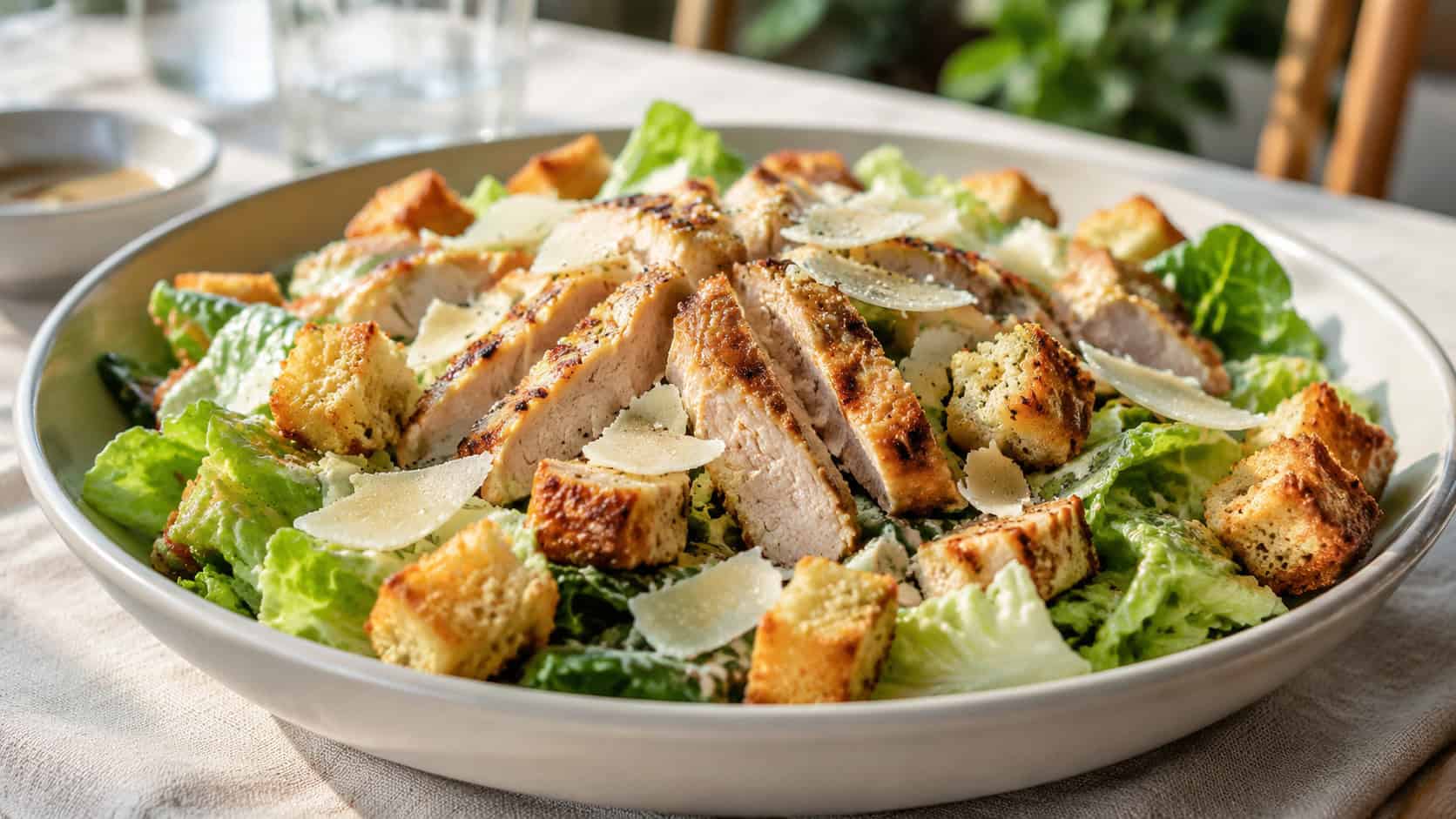 a large chicken Caesar salad in a wide shallow bowl, in a wide horizontal shot, with shaved parmesan and golden croutons, on a linen-covered table, bright natural light, shallow depth of field, landscape orientation