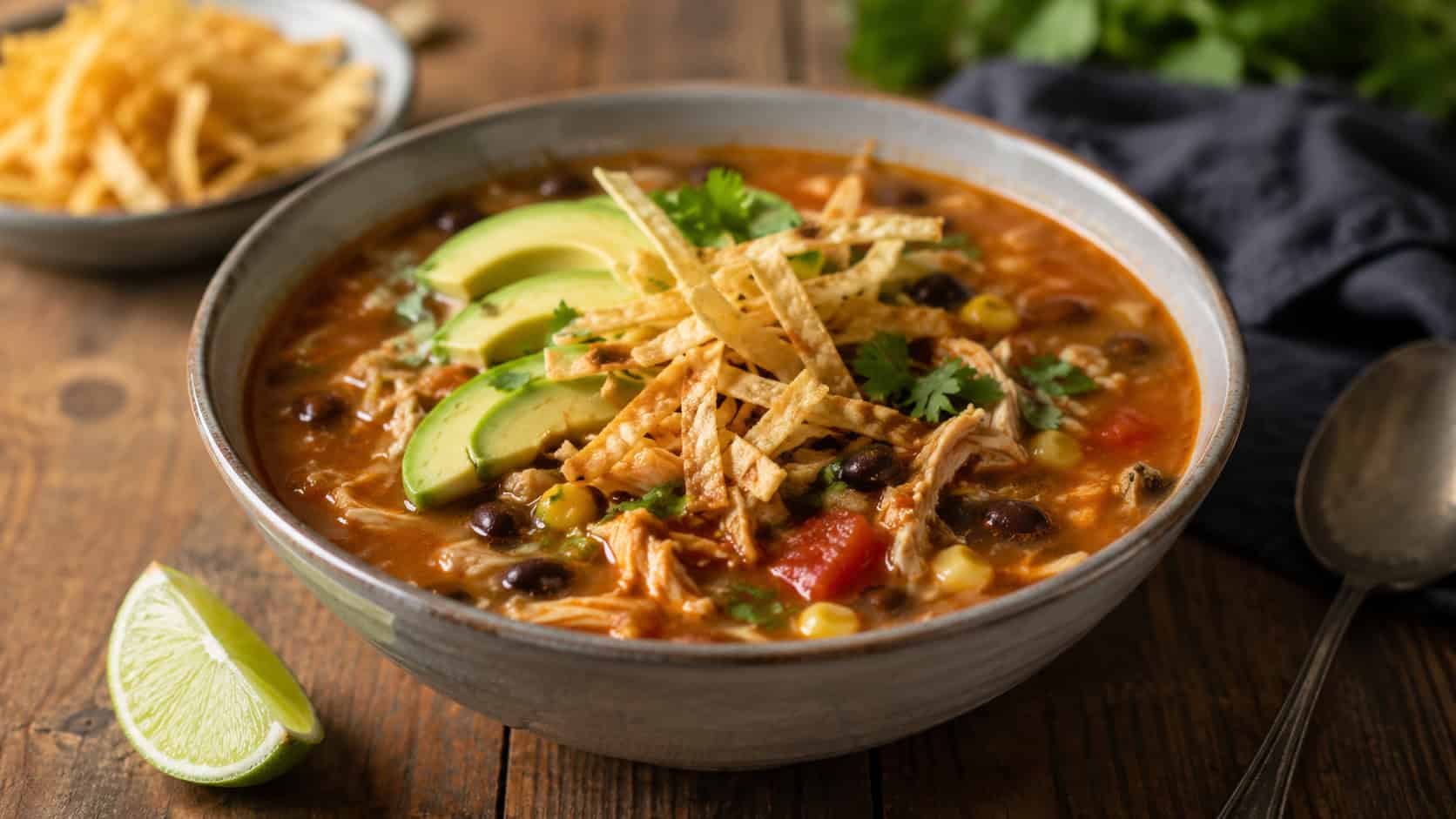 a bowl of southwestern chicken soup topped with avocado and tortilla strips, in a wide horizontal shot, on a rustic table with a lime wedge and spoon, warm natural light, shallow depth of field, landscape orientation