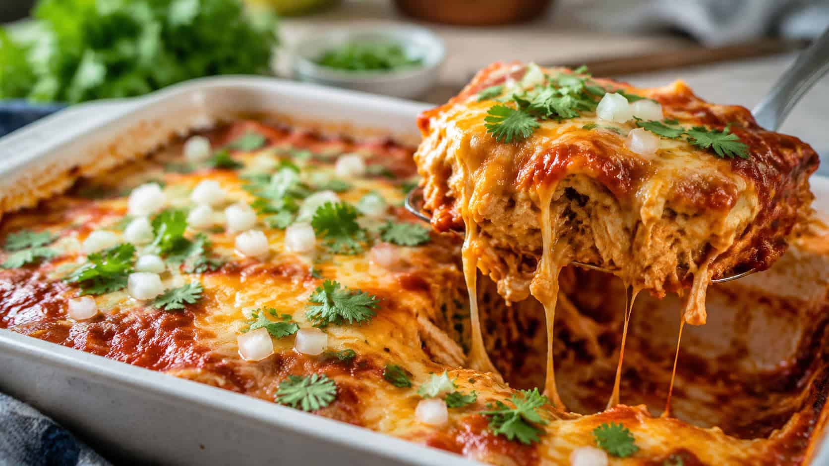 cheesy chicken enchiladas in a baking dish with one serving lifted out, in a wide horizontal shot, garnished with cilantro and diced onion, red sauce bubbling, natural light, shallow depth of field, landscape orientation