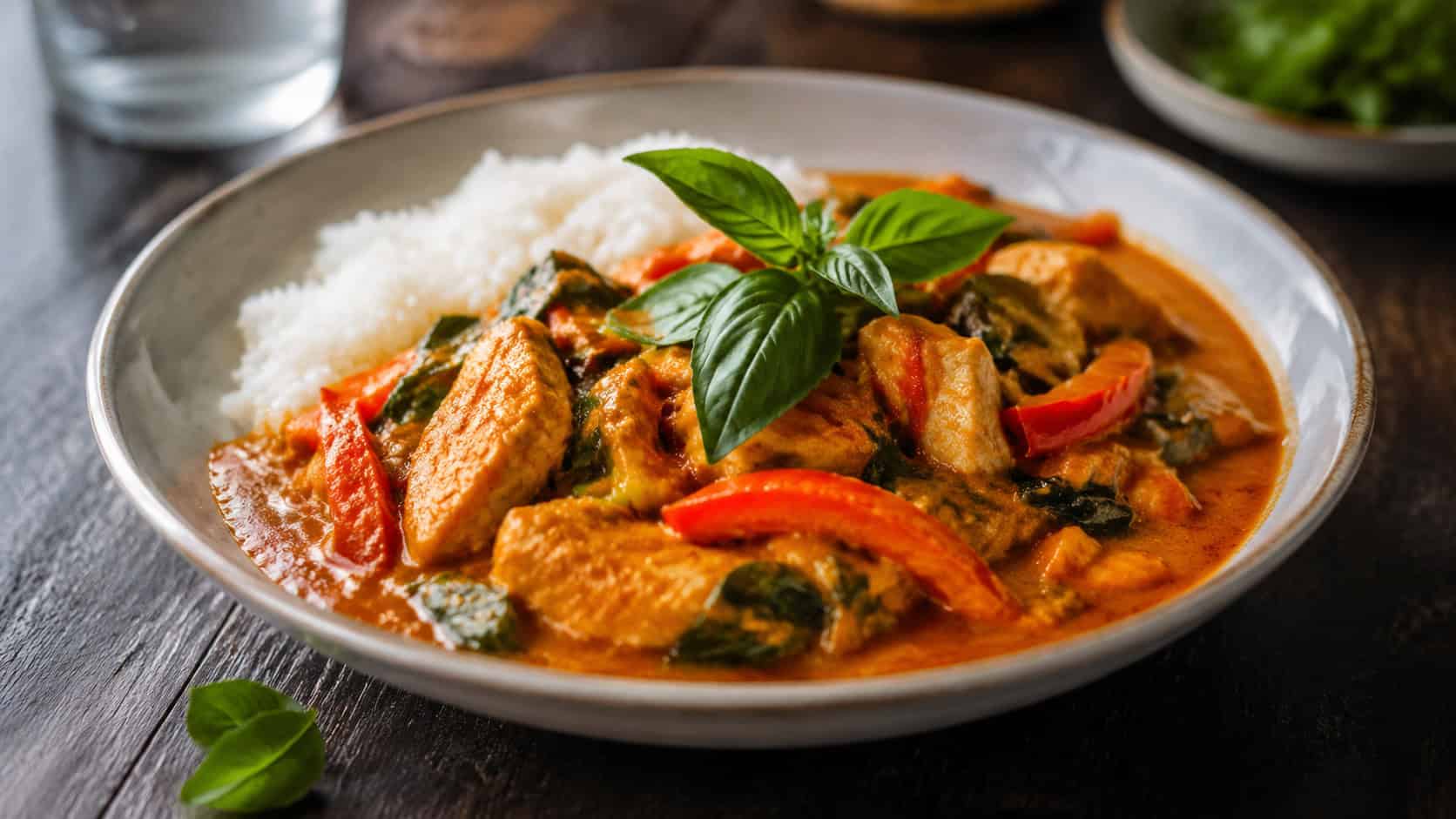 Thai red chicken curry over jasmine rice in a shallow bowl, in a wide horizontal shot, with red pepper and basil leaves, on a dark wood table, soft natural light, shallow depth of field, landscape orientation