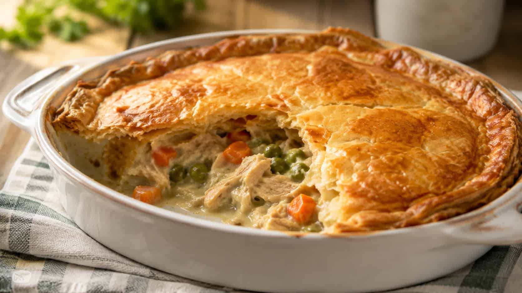 chicken pot pie with golden puff pastry and one scoop removed, in a wide horizontal shot, in a ceramic dish on a kitchen towel, creamy filling visible, warm natural light, shallow depth of field, landscape orientation