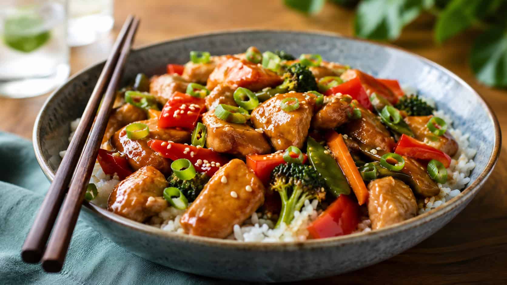 colorful chicken stir fry over rice in a wide bowl, in a wide horizontal shot, glossy sauce and bright vegetables, chopsticks resting alongside, natural light, shallow depth of field, landscape orientation