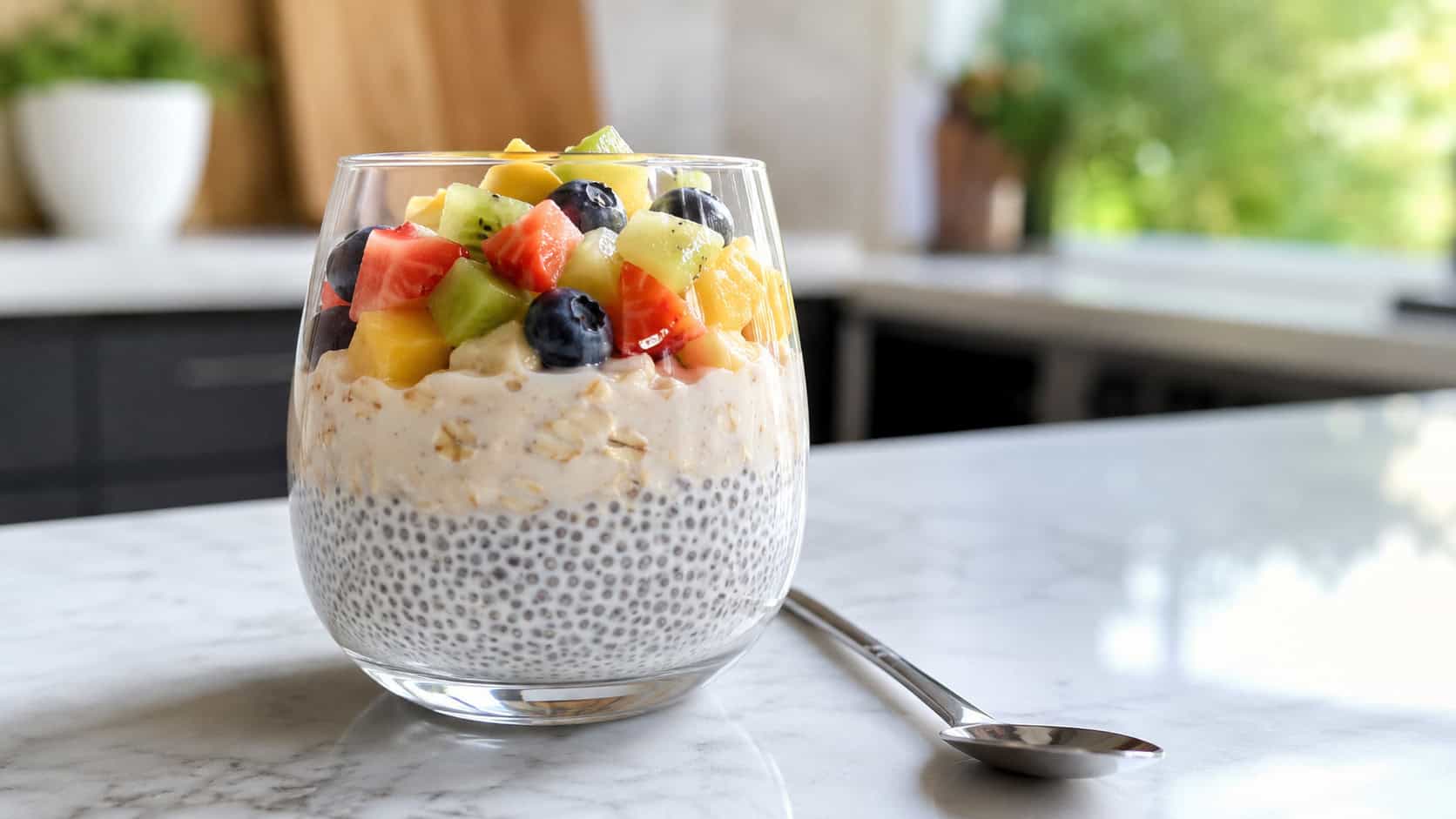 a wide glass parfait with distinct layers of white chia pudding and creamy oats topped with colorful diced fruit, a long spoon resting beside, on a bright counter, natural light, shallow depth of field, landscape orientation