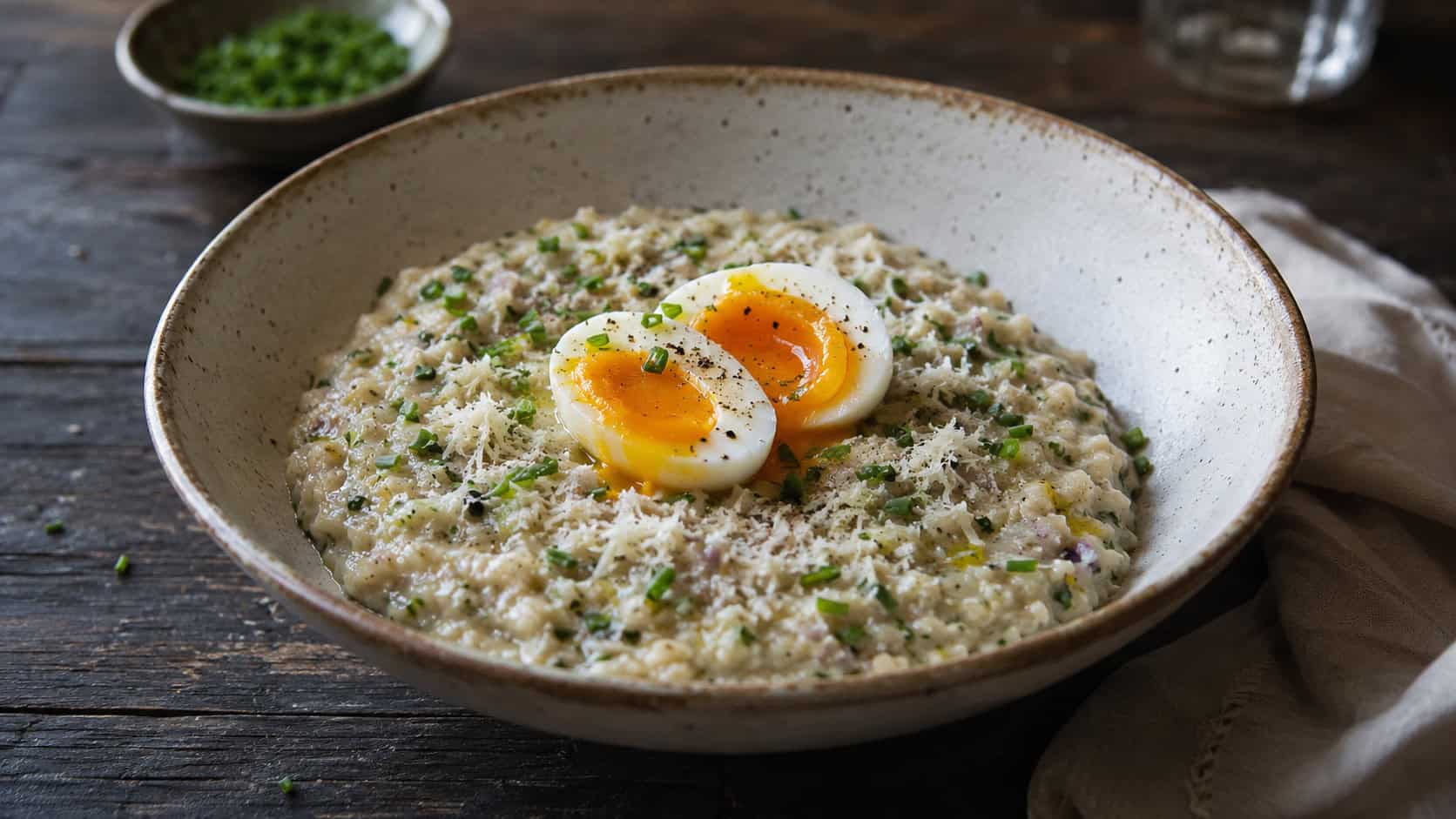 a wide bowl of savory herb oats topped with a halved soft-boiled egg with a runny yolk, fresh chives, and grated Parmesan, on a dark rustic table, soft natural light, shallow depth of field, landscape orientation