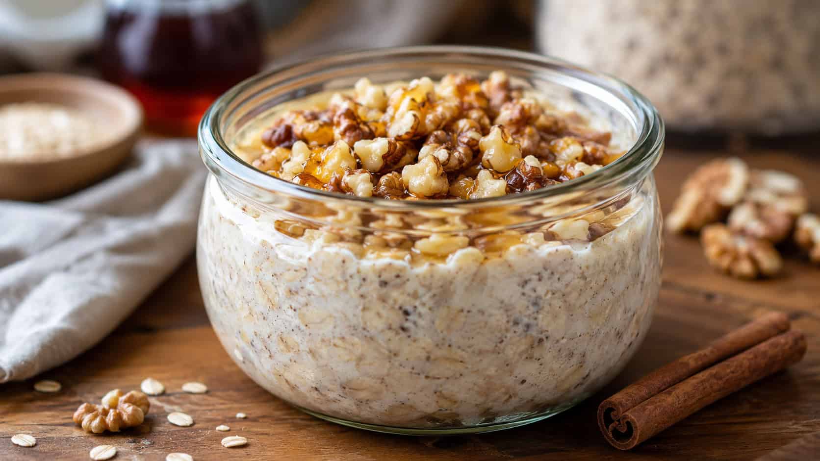 a wide glass jar of maple walnut overnight oats topped with chopped walnuts and a glossy maple drizzle, a cinnamon stick beside it, on a warm wooden table, cozy natural light, shallow depth of field, landscape orientation