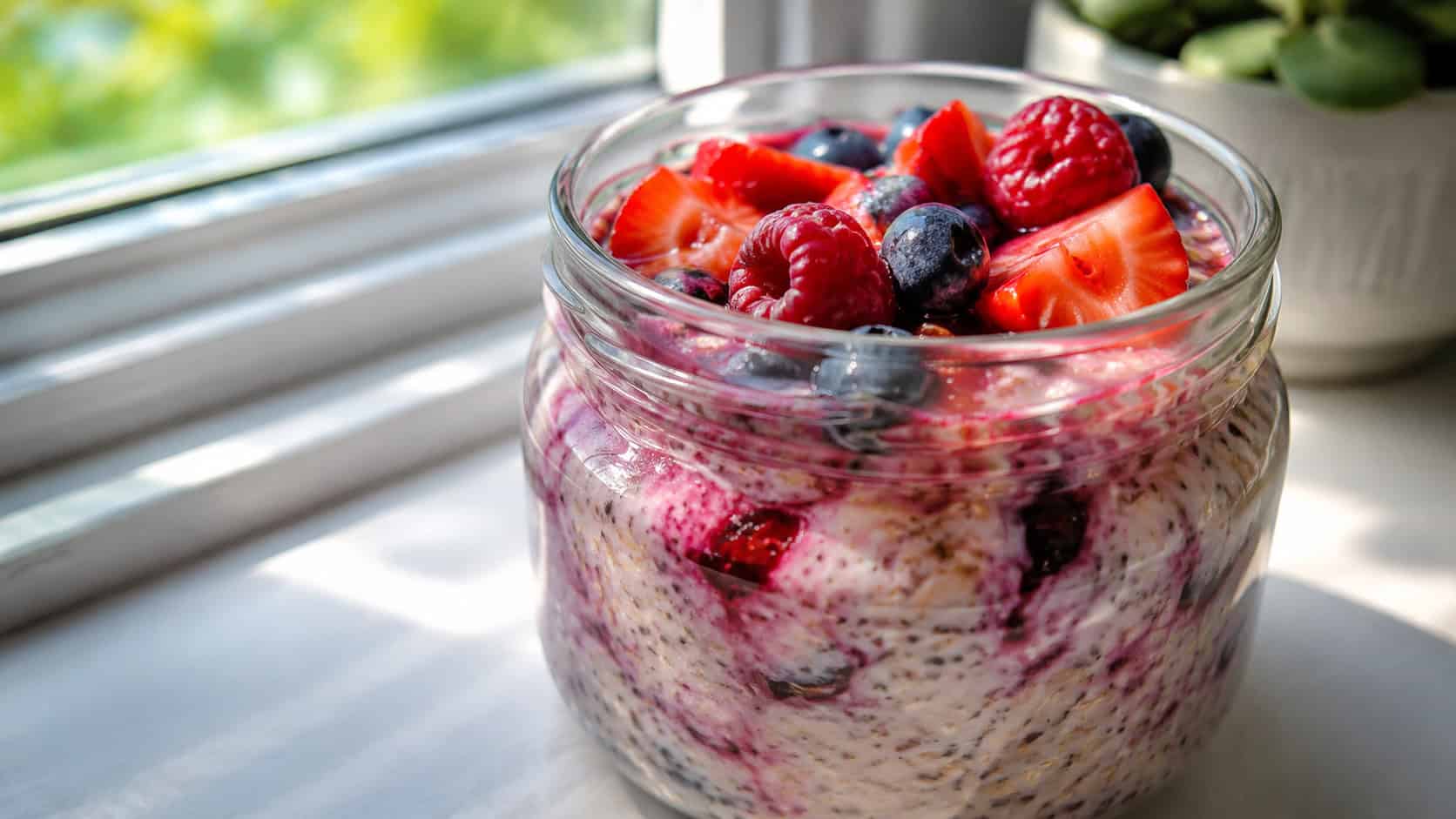 a wide glass jar of berry overnight oats topped with fresh raspberries, blueberries, and sliced strawberries, juice swirling through the oats, on a bright windowsill, natural morning light, shallow depth of field, landscape orientation