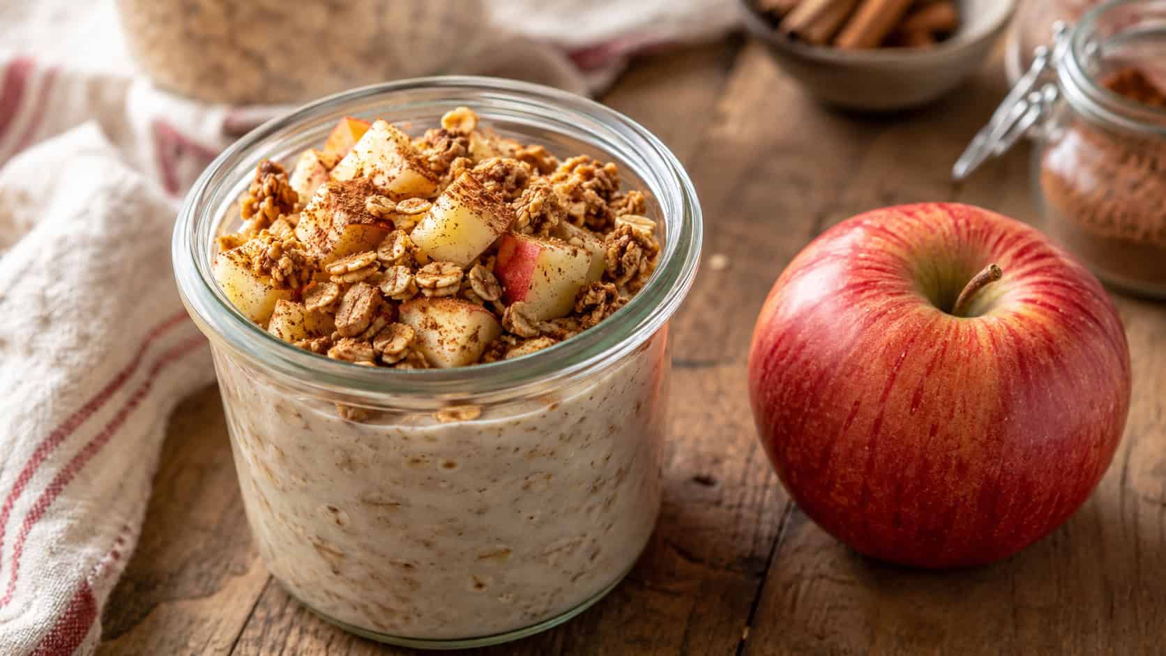 a wide glass jar of apple cinnamon overnight oats topped with diced apple, golden granola, and a dusting of cinnamon, a whole apple beside it, on a rustic table, warm natural light, shallow depth of field, landscape orientation