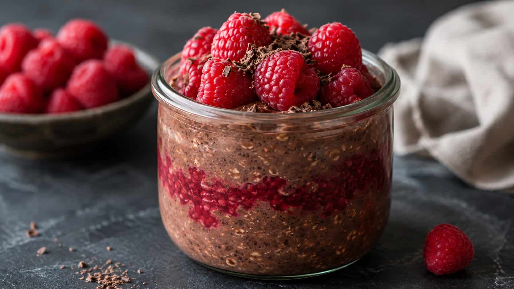 a wide glass jar of chocolate overnight oats topped with fresh raspberries and a few chocolate shavings, a raspberry swirl through the dark oats, on a dark slate surface, soft natural light, shallow depth of field, landscape orientation