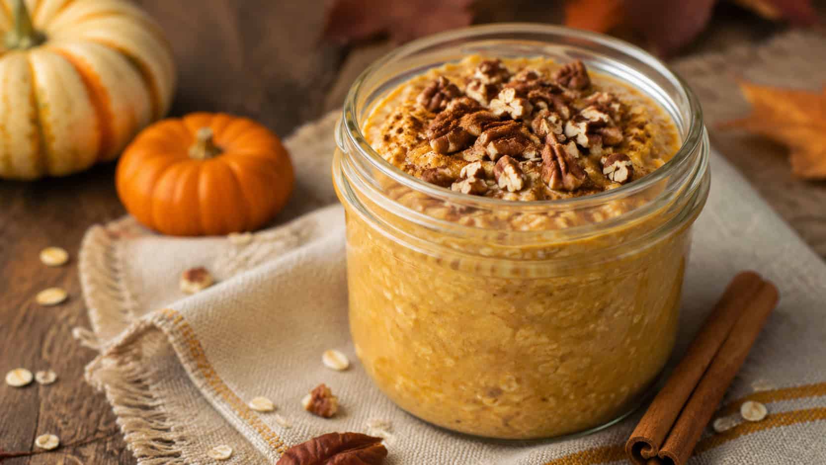 a wide glass jar of pumpkin overnight oats topped with chopped pecans and a dusting of cinnamon, a cinnamon stick beside it, on a cozy autumn table, warm natural light, shallow depth of field, landscape orientation