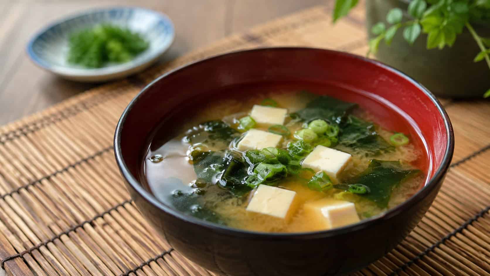 a bowl of miso soup in a wide horizontal shot, cloudy golden broth with cubes of soft tofu, wakame, and floating green onion in a dark lacquer bowl, set on a bamboo mat, soft natural light, shallow depth of field, landscape orientation