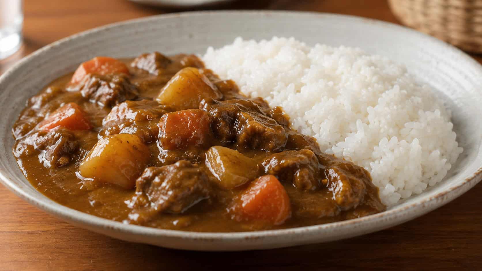 Japanese curry rice in a wide horizontal shot, thick brown curry with chunks of potato and carrot spooned beside fluffy white rice on a wide plate, set on a wooden table, warm appetizing light, shallow depth of field, landscape orientation