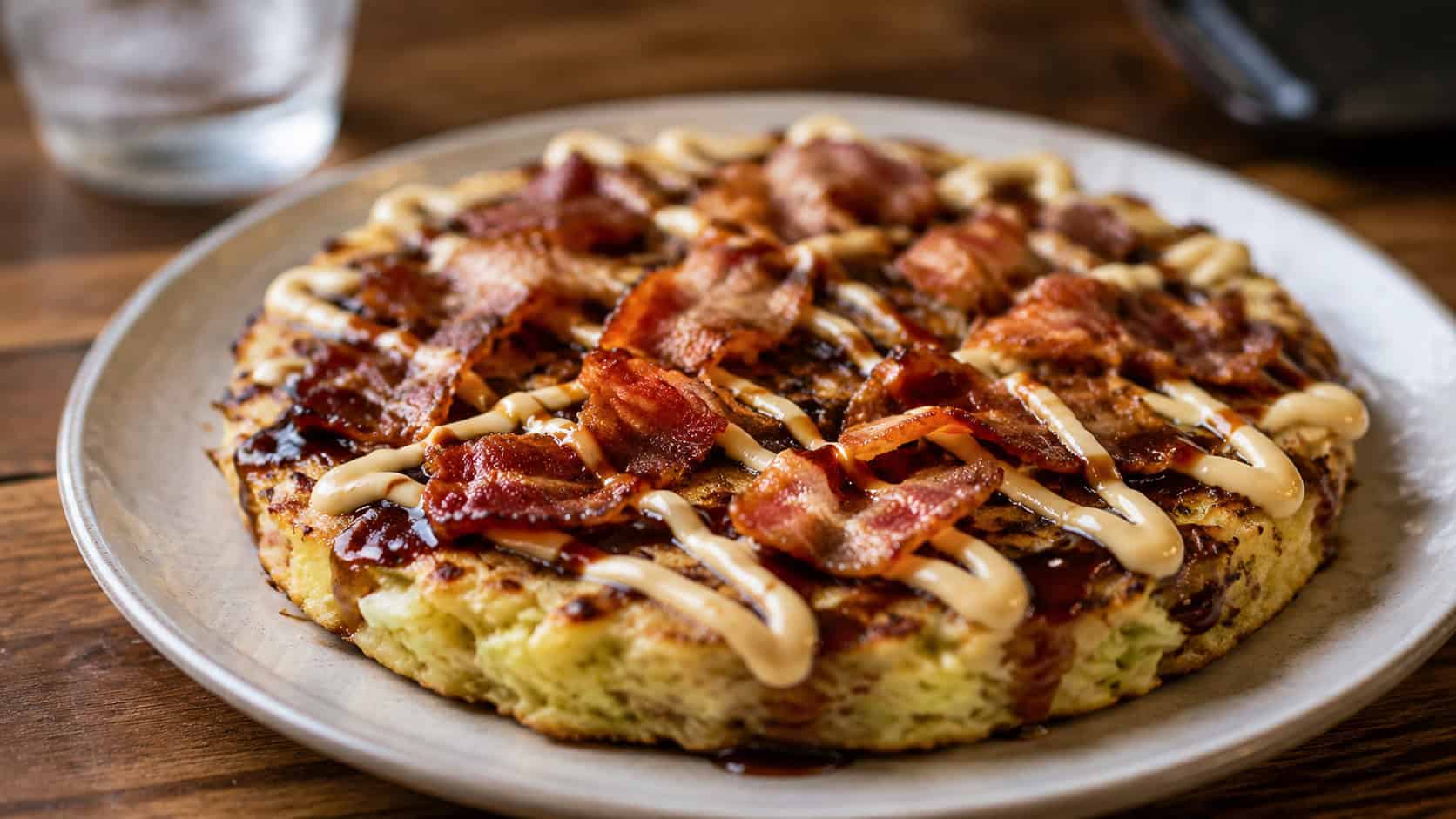an okonomiyaki pancake in a wide horizontal shot, crisscrossed with sauce and mayo and topped with dancing bonito flakes and green onion, served whole on a round plate, warm appetizing light, shallow depth of field, landscape orientation