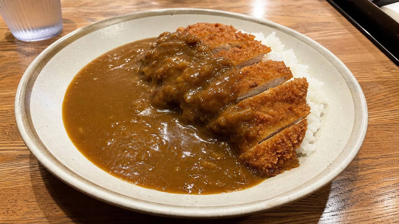 chicken katsu curry in a wide horizontal shot, sliced crispy cutlet over white rice beside a glossy brown curry with carrots, served on a wide plate, warm appetizing light, shallow depth of field, landscape orientation