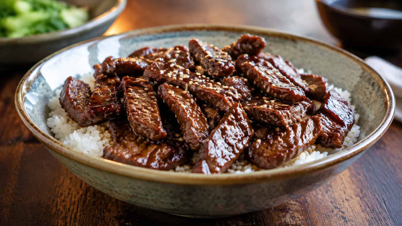 glossy beef teriyaki in a wide horizontal shot, glazed beef slices over white rice sprinkled with sesame seeds, a few green onion curls, served on a dark plate with chopsticks, warm light, shallow depth of field, landscape orientation