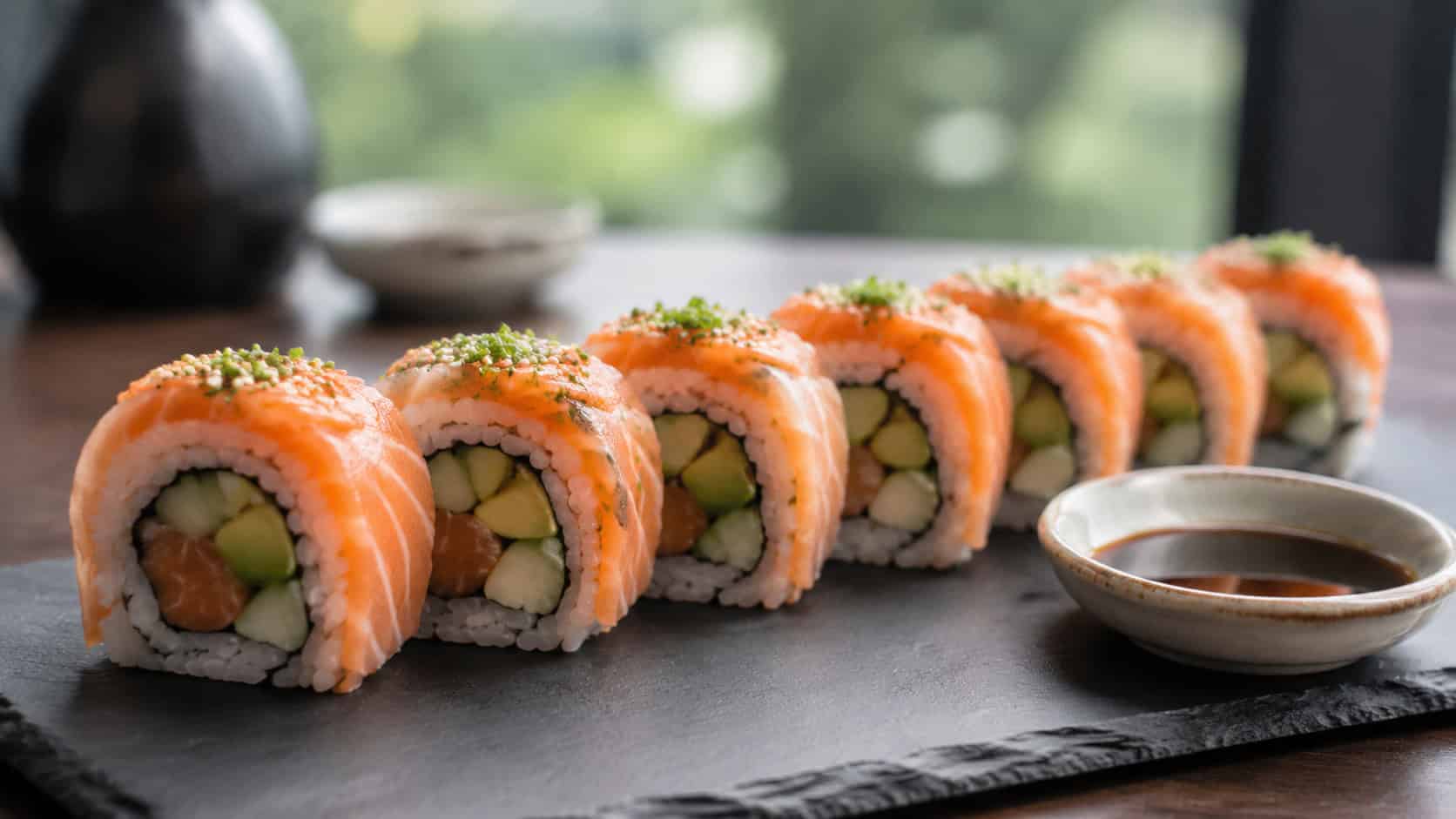salmon sushi rolls in a wide horizontal shot, neat rounds showing pink salmon, green avocado, and white rice arranged on a slate board with a small dish of soy sauce and pickled ginger, bright natural light, shallow depth of field, landscape orientation