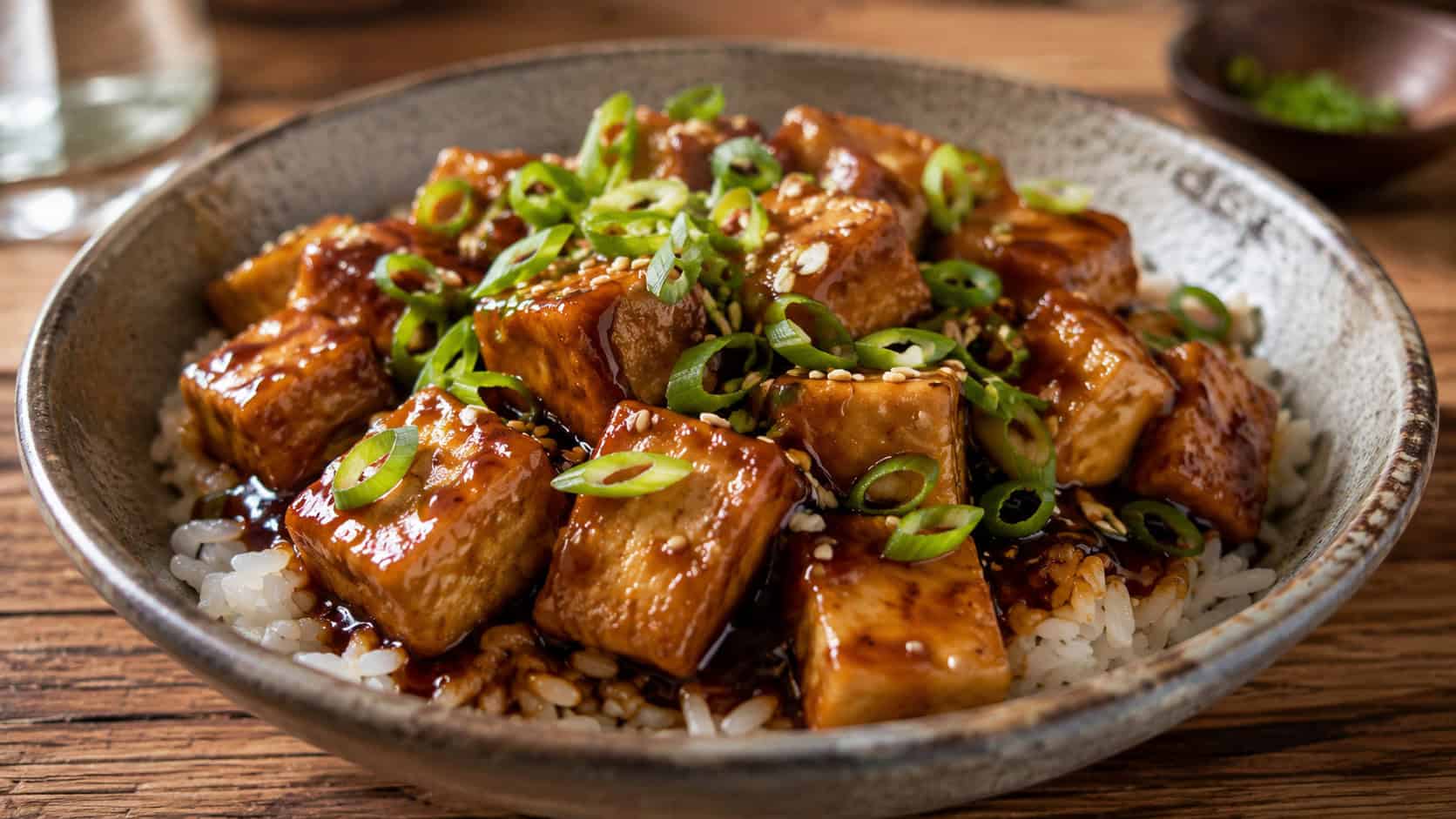 glazed teriyaki tofu cubes in a wide horizontal shot, glossy golden tofu over rice sprinkled with sesame seeds and green onion, served in a shallow bowl on a bamboo mat, warm natural light, shallow depth of field, landscape orientation