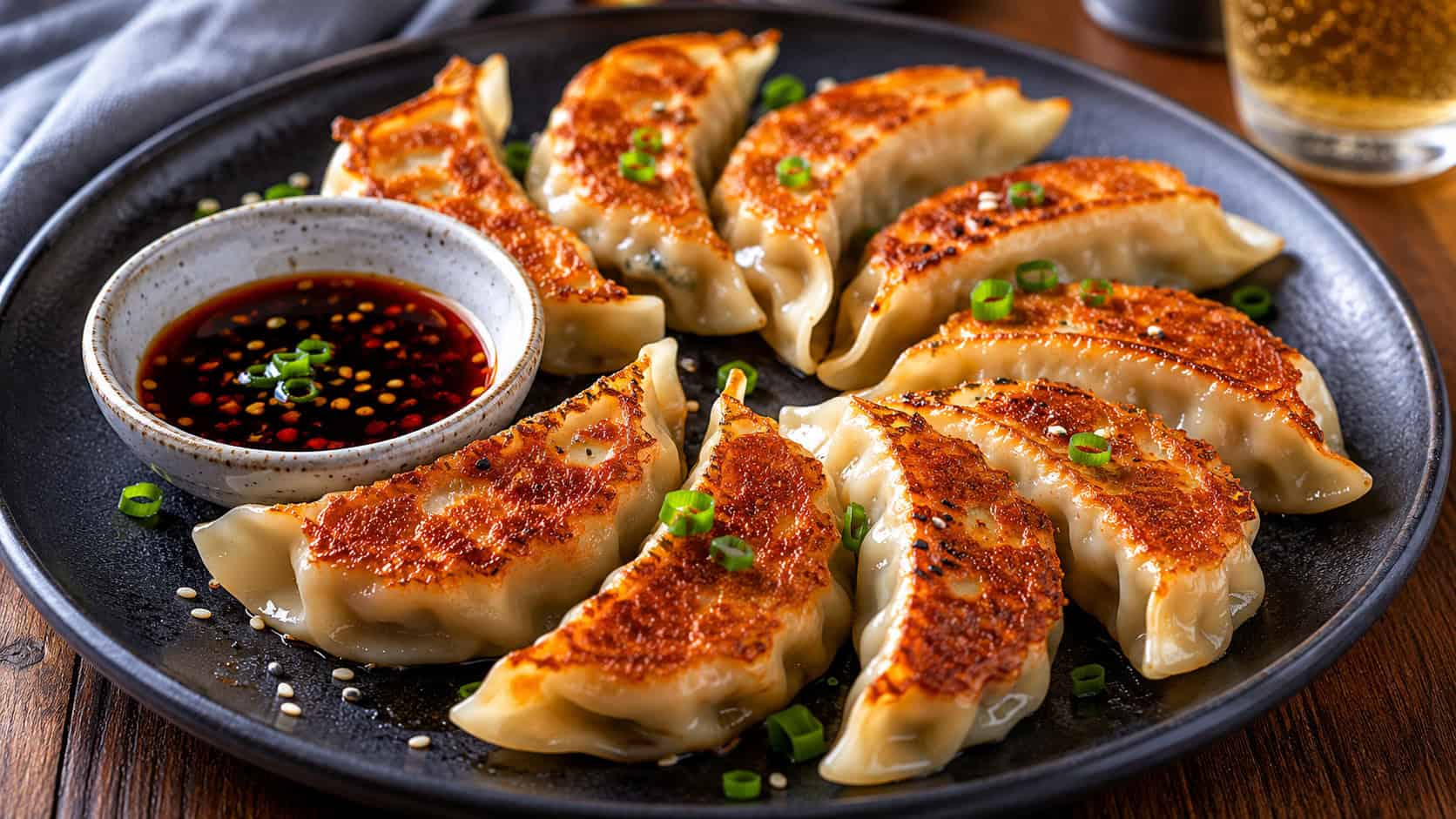 pan-fried gyoza dumplings in a wide horizontal shot, golden crispy bottoms arranged in a row on a plate with a small dipping dish, garnished with sesame seeds, set on a dark table, warm light, shallow depth of field, landscape orientation