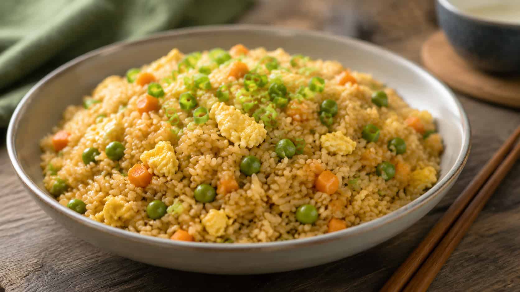 golden classic fried rice studded with peas, carrots, and scrambled egg in a wide horizontal shot in a shallow bowl, scattered green onions on top, chopsticks resting beside it, natural light, shallow depth of field, landscape orientation