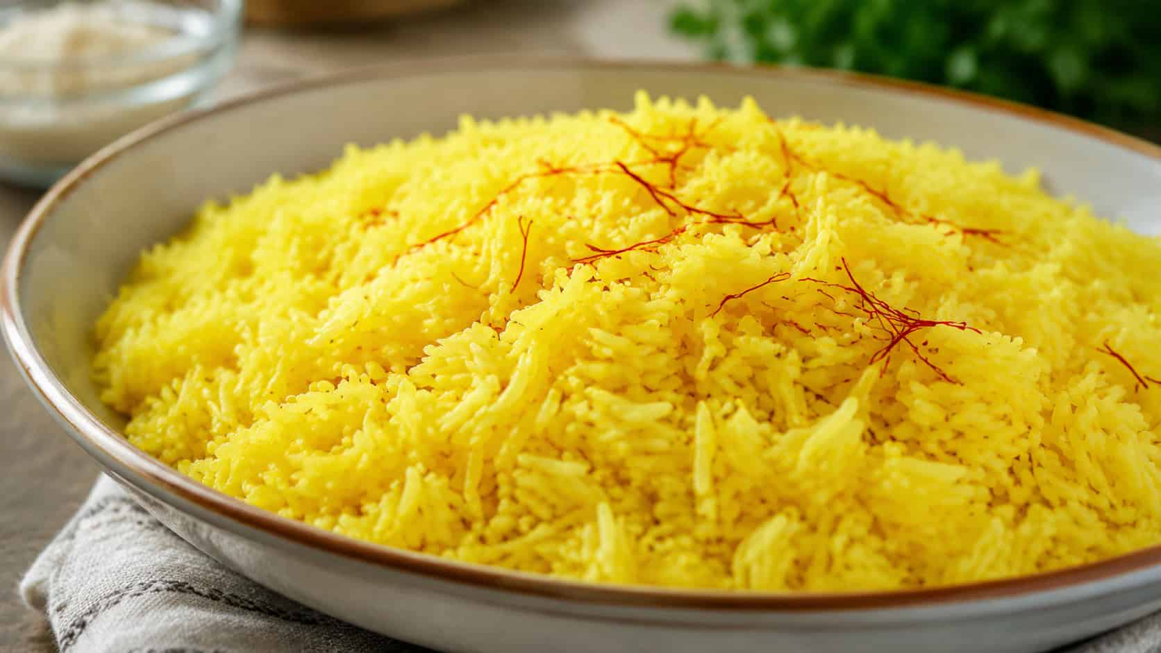 fragrant golden saffron rice with delicate yellow grains in a wide horizontal shot in a serving bowl, a few saffron threads on top, soft natural light, shallow depth of field, landscape orientation