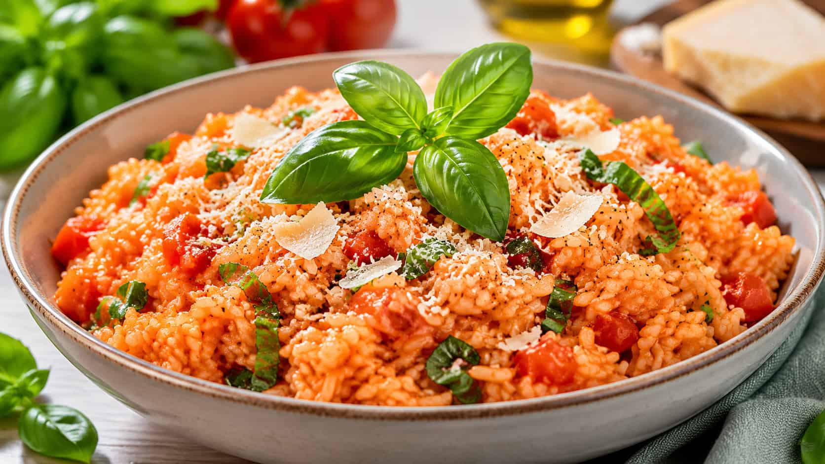 rosy tomato basil rice flecked with fresh torn basil and parmesan in a wide horizontal shot in a serving bowl, a basil sprig on top, bright natural light, shallow depth of field, landscape orientation