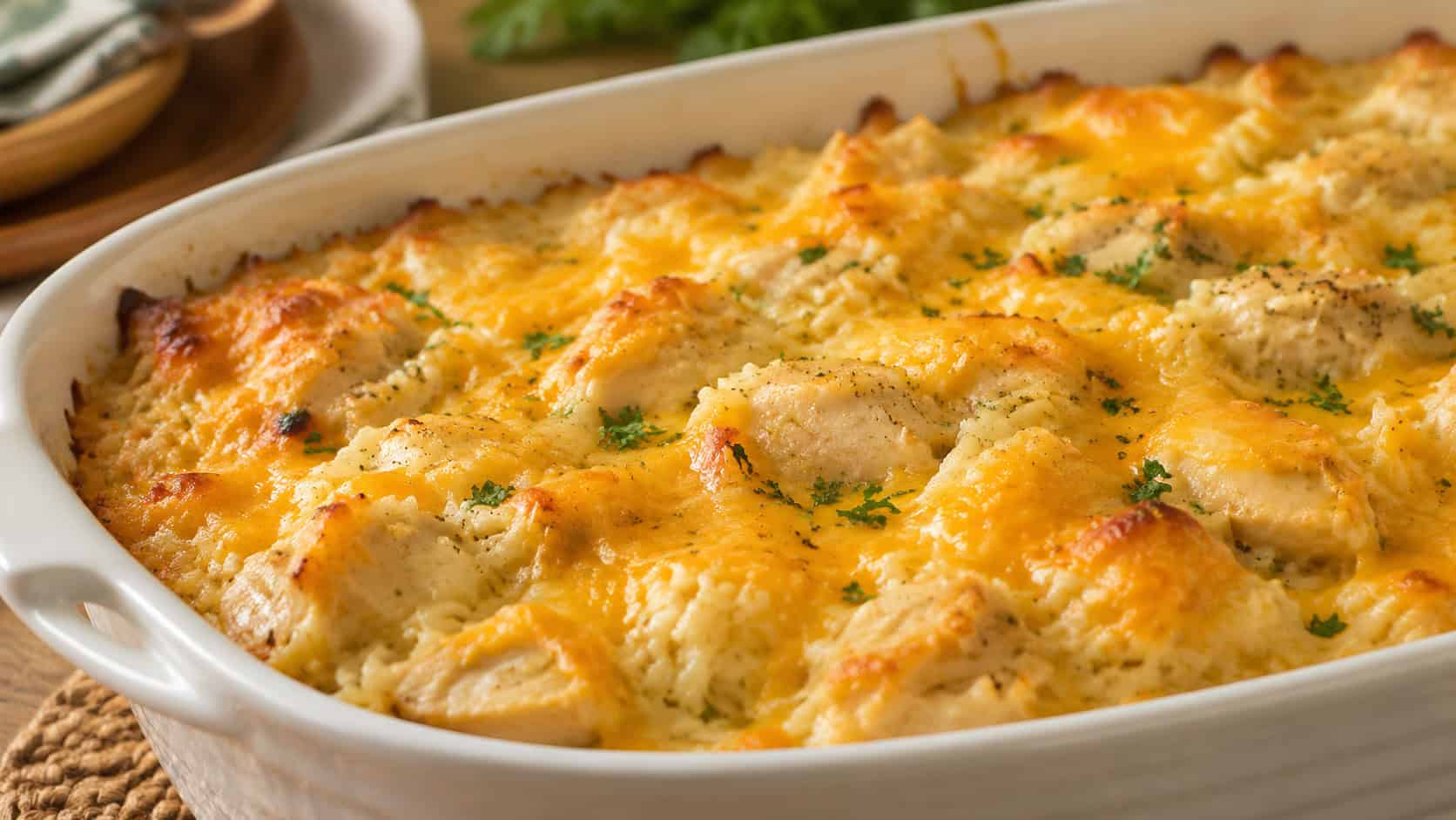 bubbling chicken and rice casserole with golden melted cheddar and tender chicken in a wide horizontal shot in a baking dish, a sprinkle of parsley on top, warm natural light, shallow depth of field, landscape orientation