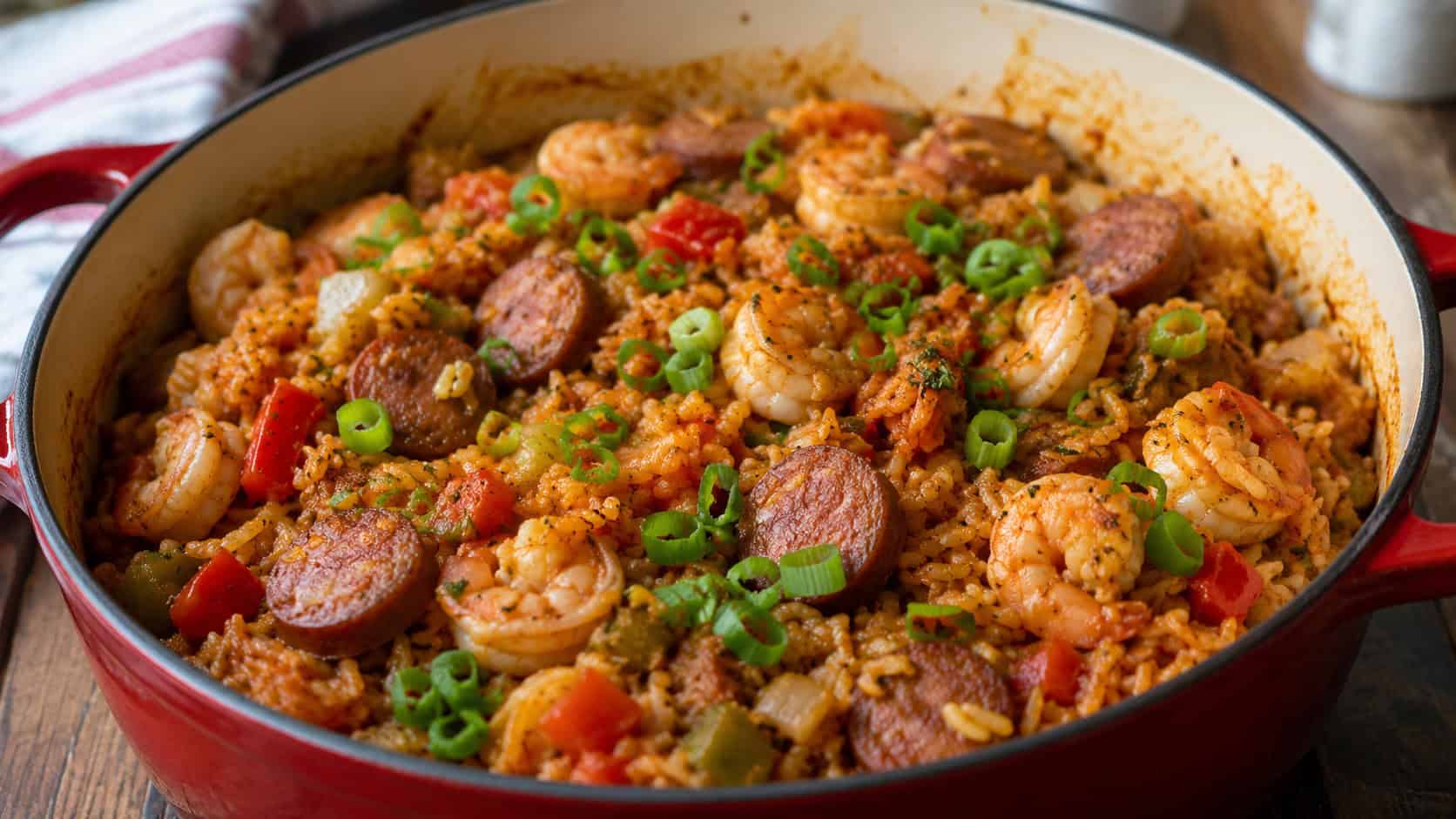 hearty one-pot jambalaya with sausage, shrimp, and peppers over spiced rice in a wide horizontal shot in a Dutch oven, scattered with green onion, warm natural light, shallow depth of field, landscape orientation
