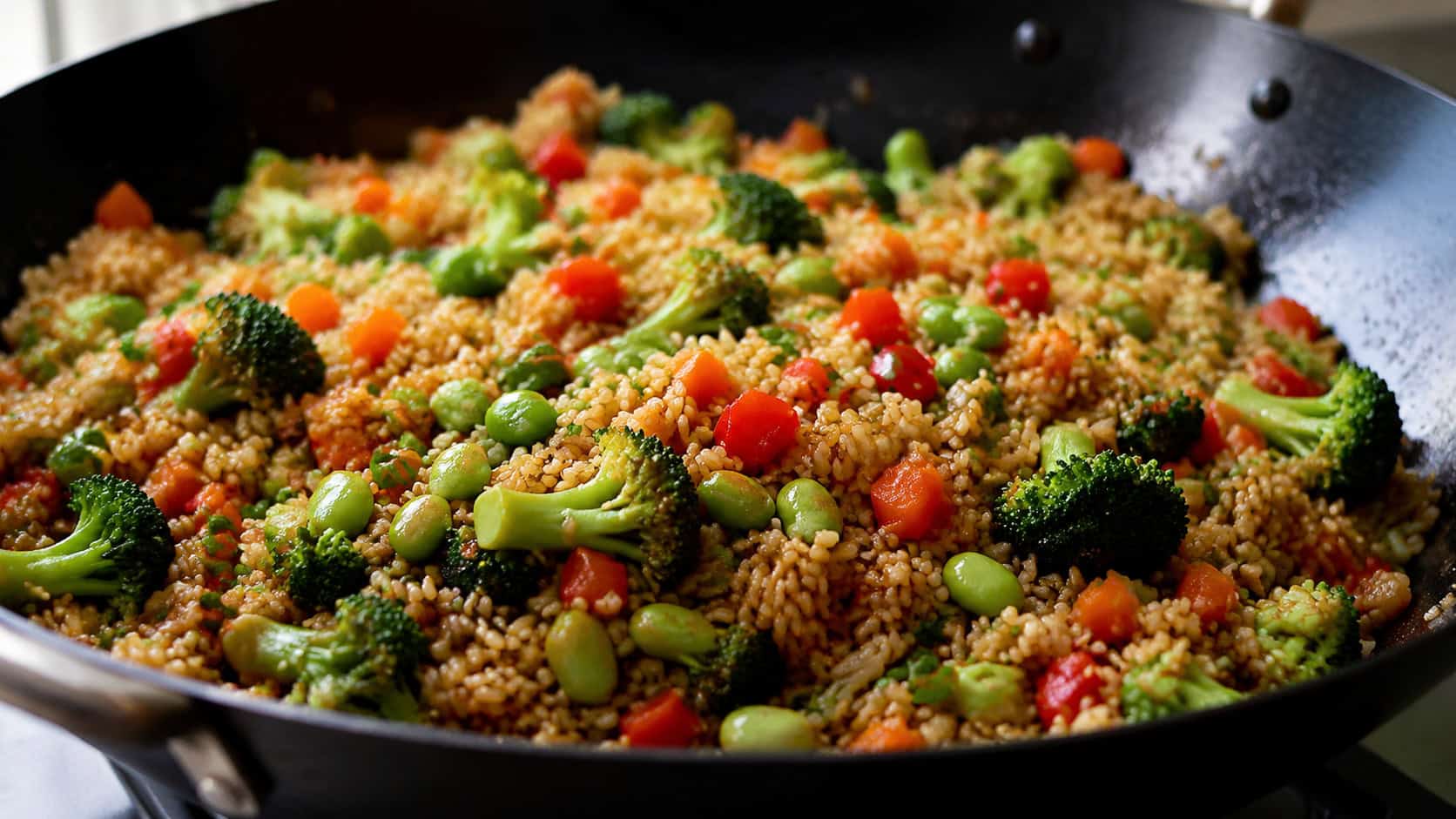 colorful vegetarian stir-fried rice with red bell pepper, broccoli, edamame, and carrot in a wide horizontal shot in a wok, glossy and bright, soft natural light, shallow depth of field, landscape orientation