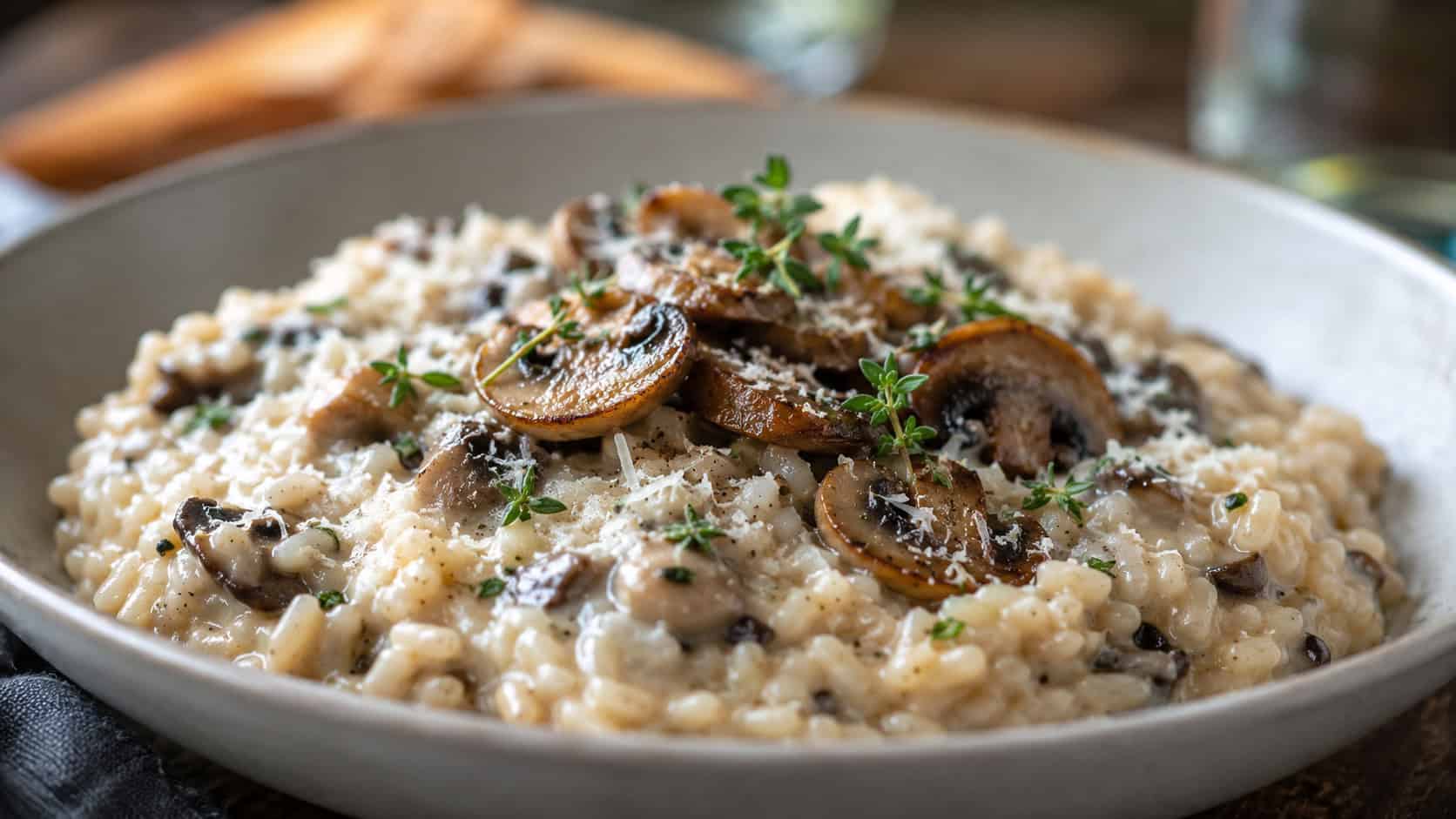creamy mushroom risotto with golden sauteed mushrooms in a wide horizontal shot in a shallow bowl, a dusting of parmesan and fresh thyme on top, soft natural light, shallow depth of field, landscape orientation