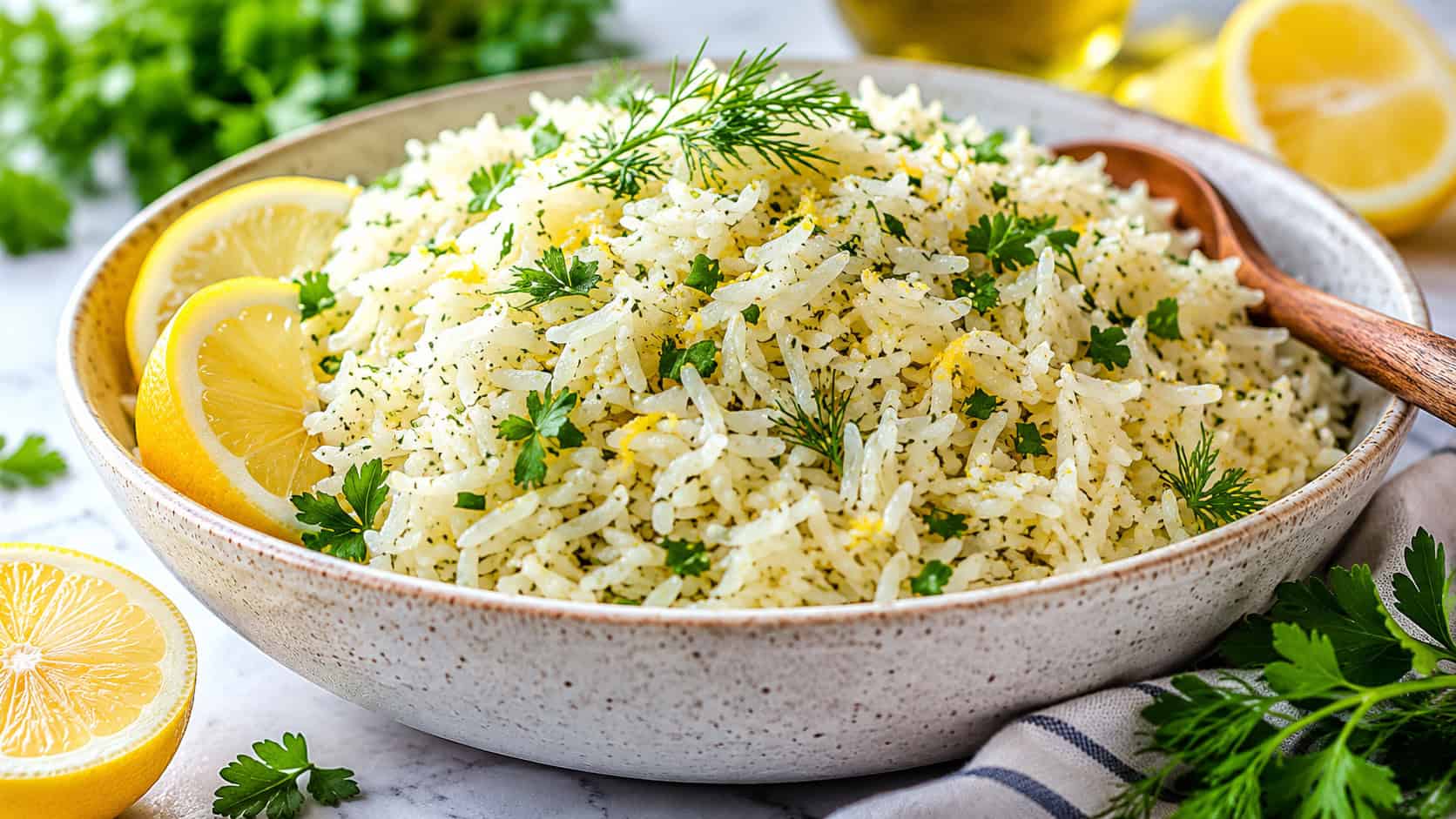 fluffy lemon herb rice pilaf flecked with parsley and dill in a wide horizontal shot in a serving bowl, lemon wedges and fresh herbs alongside, bright natural light, shallow depth of field, landscape orientation