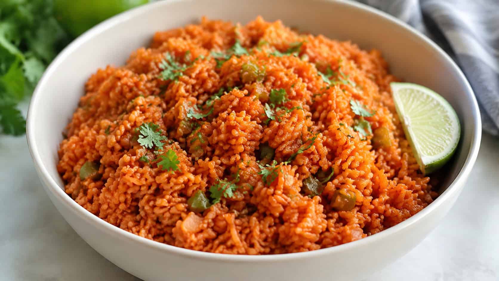 fluffy red Mexican rice with a deep tomato color in a wide horizontal shot in a serving bowl, flecks of jalapeno and cilantro on top, lime wedge alongside, bright natural light, shallow depth of field, landscape orientation