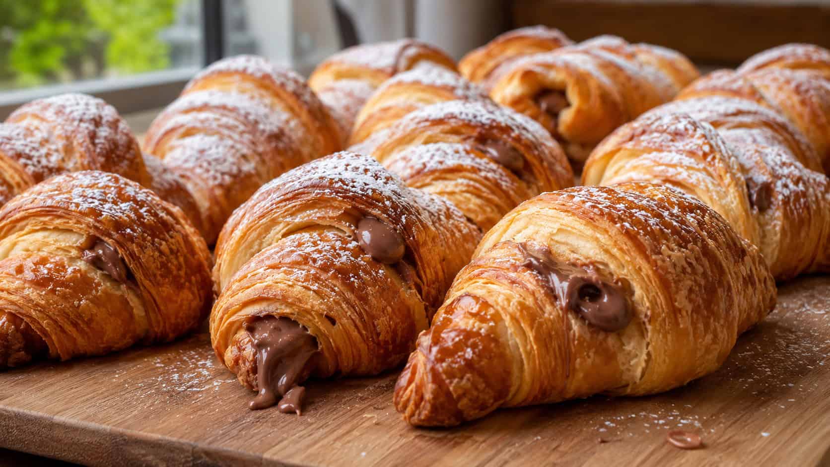 a wide tray of golden flaky croissants oozing chocolate hazelnut filling, dusted lightly, on a wooden board, natural light, shallow depth of field, landscape orientation