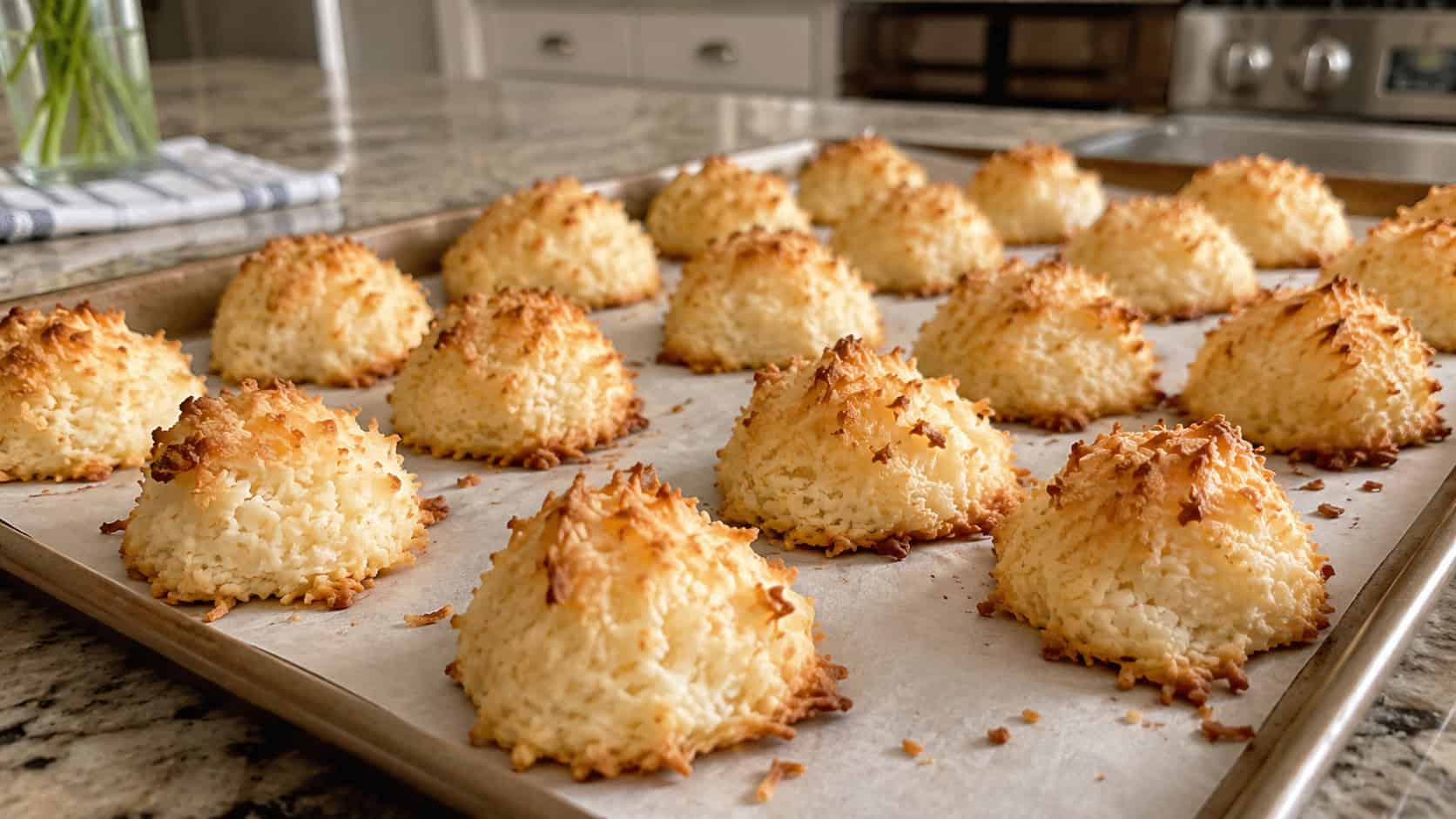a wide tray of golden-edged coconut macaroons on parchment, toasted coconut visible, on a kitchen counter, natural light, shallow depth of field, landscape orientation