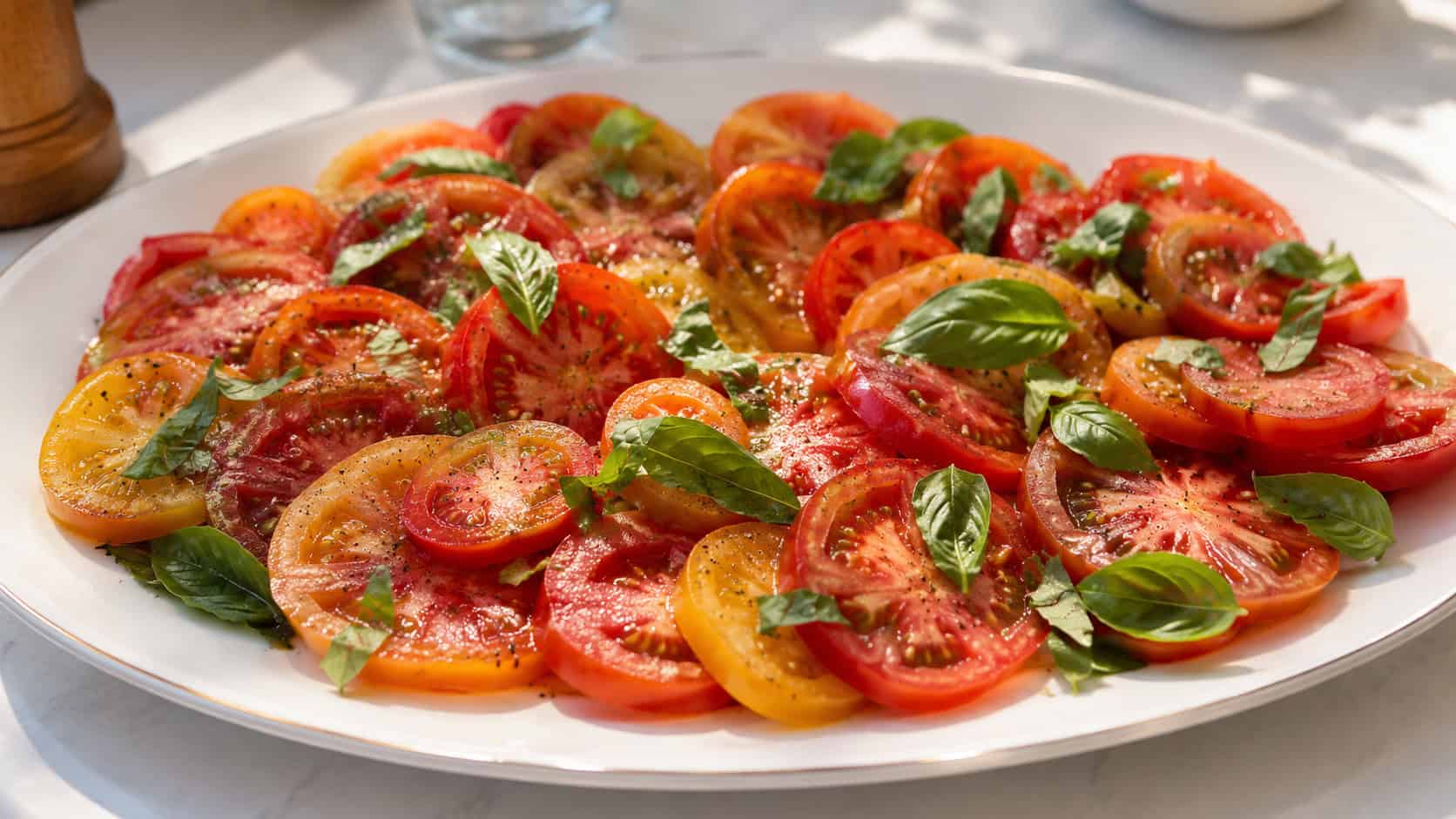 a wide platter of fresh sliced ripe tomatoes scattered with torn basil leaves, on a bright table, natural light, shallow depth of field, landscape orientation