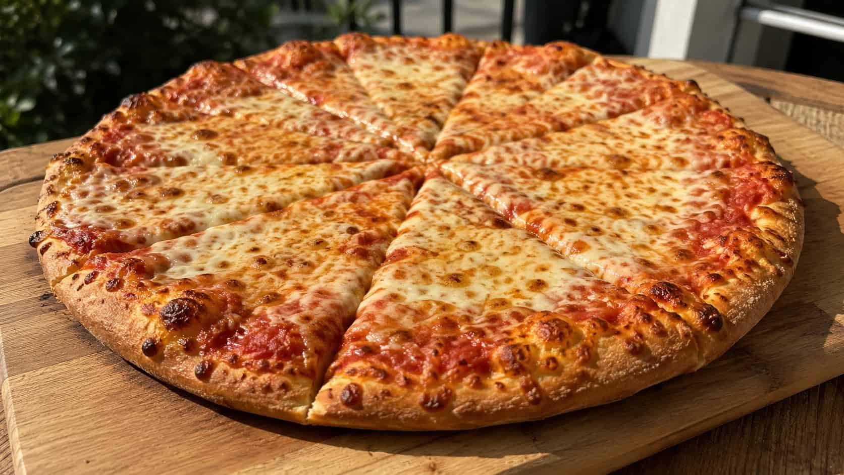 a wide freshly baked pizza on a golden crust with bubbly cheese and sauce, sliced, on a wooden board, natural light, shallow depth of field, landscape orientation