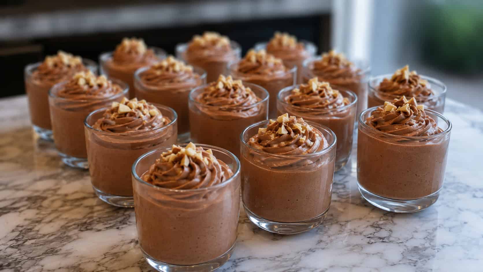 a wide arrangement of small glasses of fluffy chocolate hazelnut mousse with a swirl on top, on a marble counter, natural light, shallow depth of field, landscape orientation