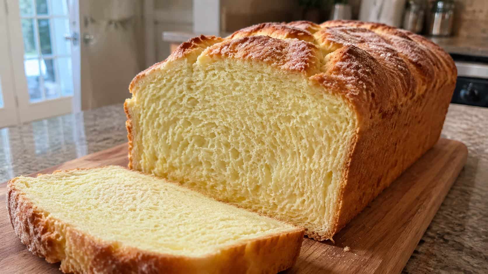a wide sliced loaf of golden ice cream bread on a cutting board, soft crumb visible, on a kitchen counter, natural light, shallow depth of field, landscape orientation