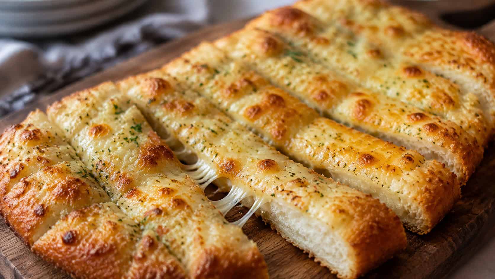 a wide tray of golden cheesy garlic breadsticks pulled slightly apart with melty cheese on top, on a wooden board, natural light, shallow depth of field, landscape orientation