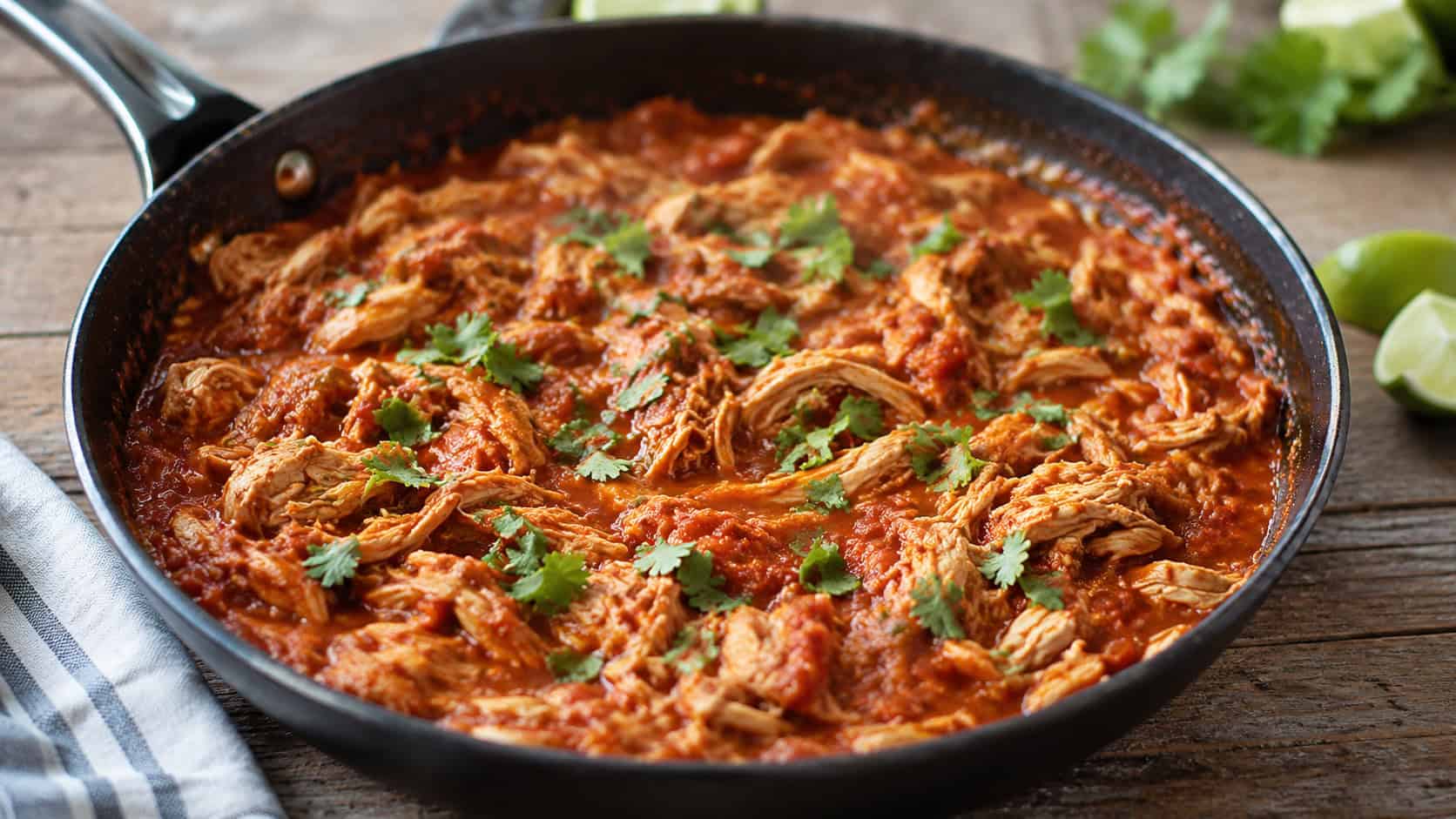 a wide skillet of shredded salsa chicken in a chunky red sauce, garnished with cilantro, on a rustic table, natural light, shallow depth of field, landscape orientation